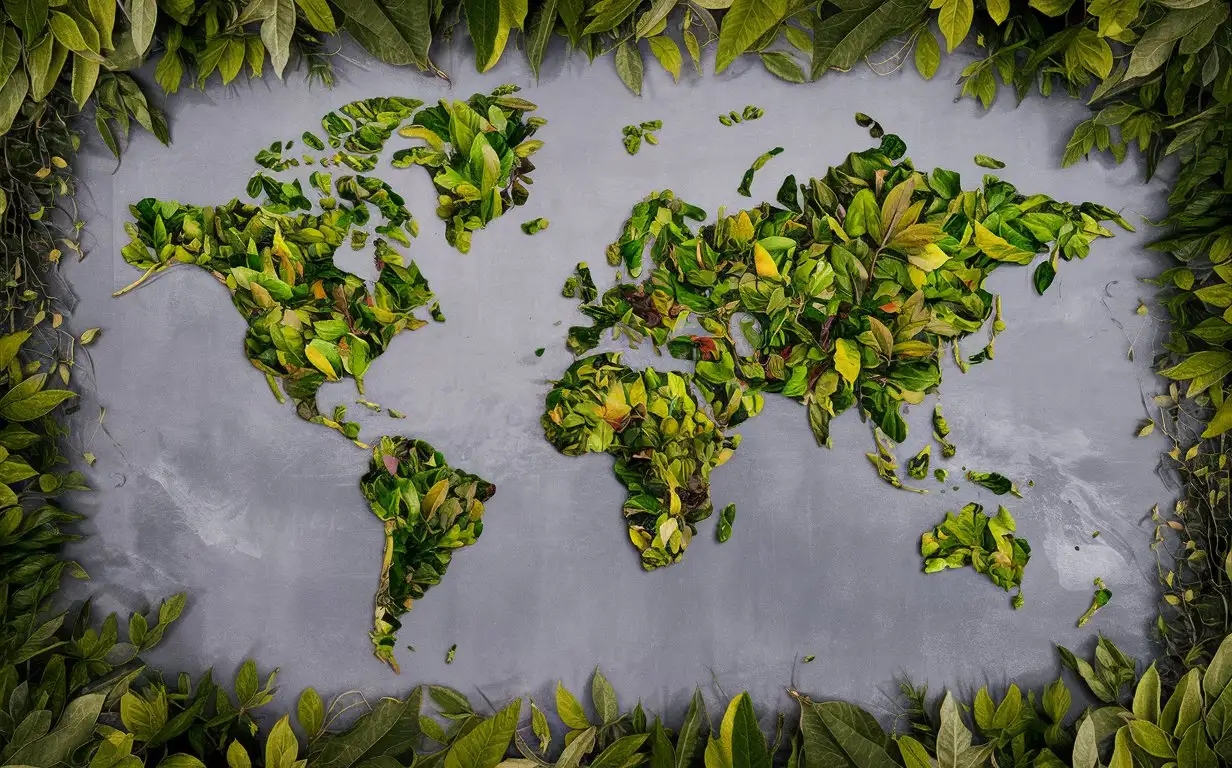 an artistic world map made by green leaves on gray background