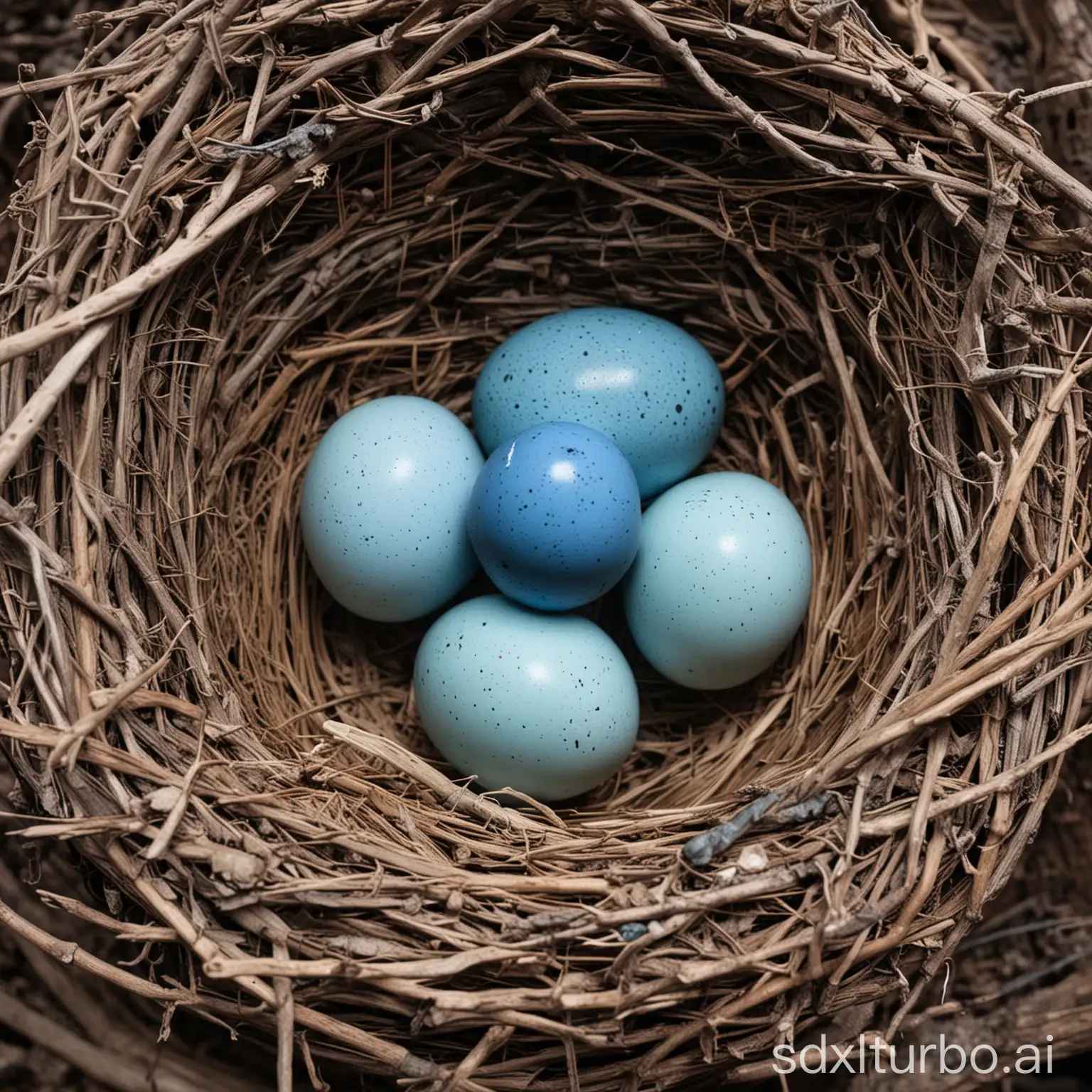 a birds nest with blue eggs in it