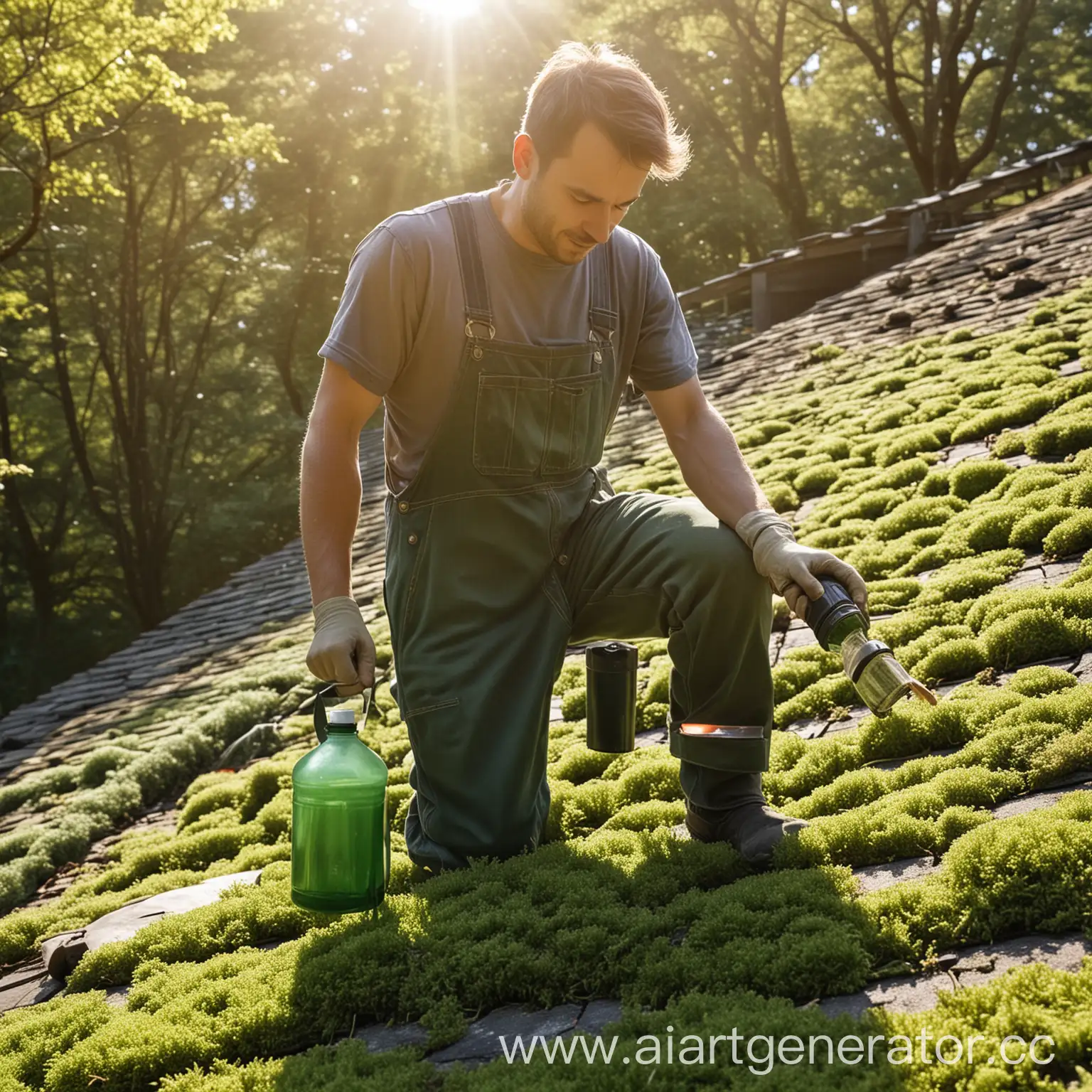 The master cleans the roof of moss, the day is sunny, he is in overalls with tools on his hands, there is a spray bottle with funds nearby