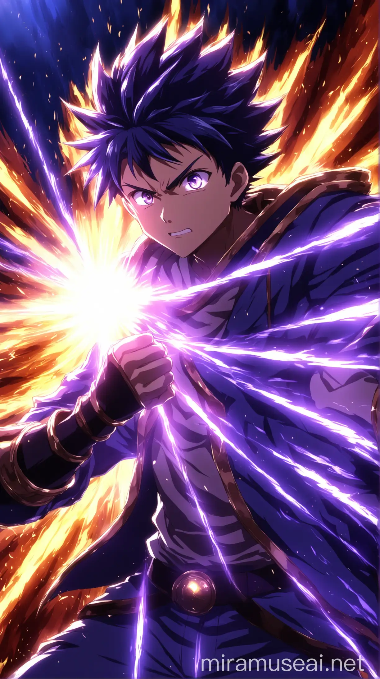 anime, boy, face,  fight, blaze of light, blue, purple, background 