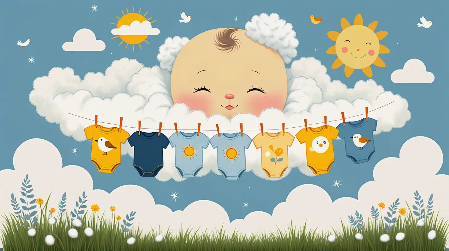  Flat design, a creative arrangement of baby clothes and accessories laid out to represent a landscape scene. The composition includes two onesies—one with the text “Free Hugs” and another with a snowman design—along with a pair of baby jeans and shoes. These items are hung above a row of greenery resembling grass. Above the clothesline, there’s an infant lying on their back, with their face obscured for privacy. The background is designed to look like a sky, complete with fluffed cotton clouds and a yellow circular shape representing the sun. A small bird figure is perched on one of the clouds. Overall, it’s an artistic and whimsical depiction of nature using everyday objects. Pastel Pallte