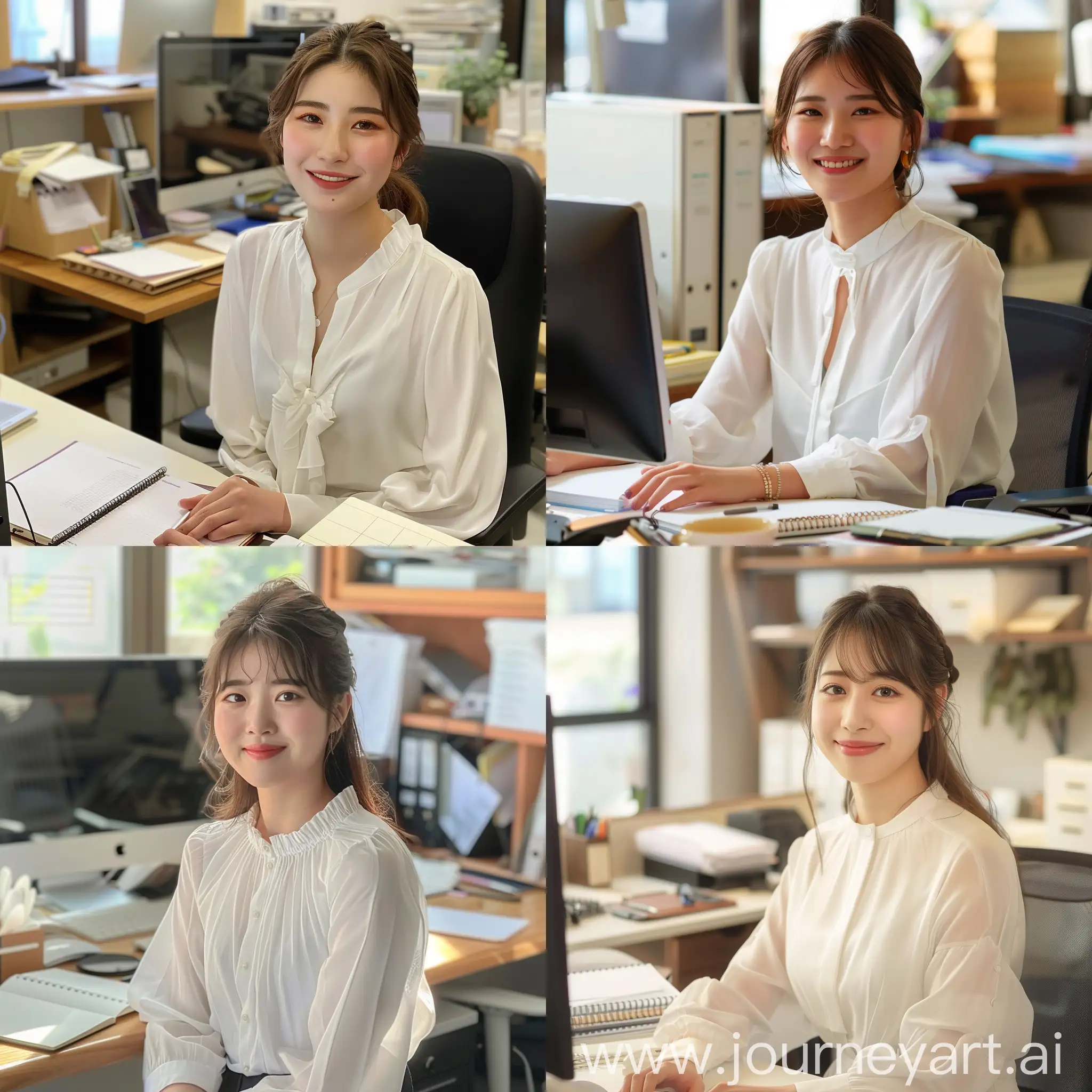 在公司，一个穿白衬衫的年轻女性，面带笑容，放松的状态，坐在办公室里，桌子上放有电脑，笔记本等办公用品，温馨的氛围