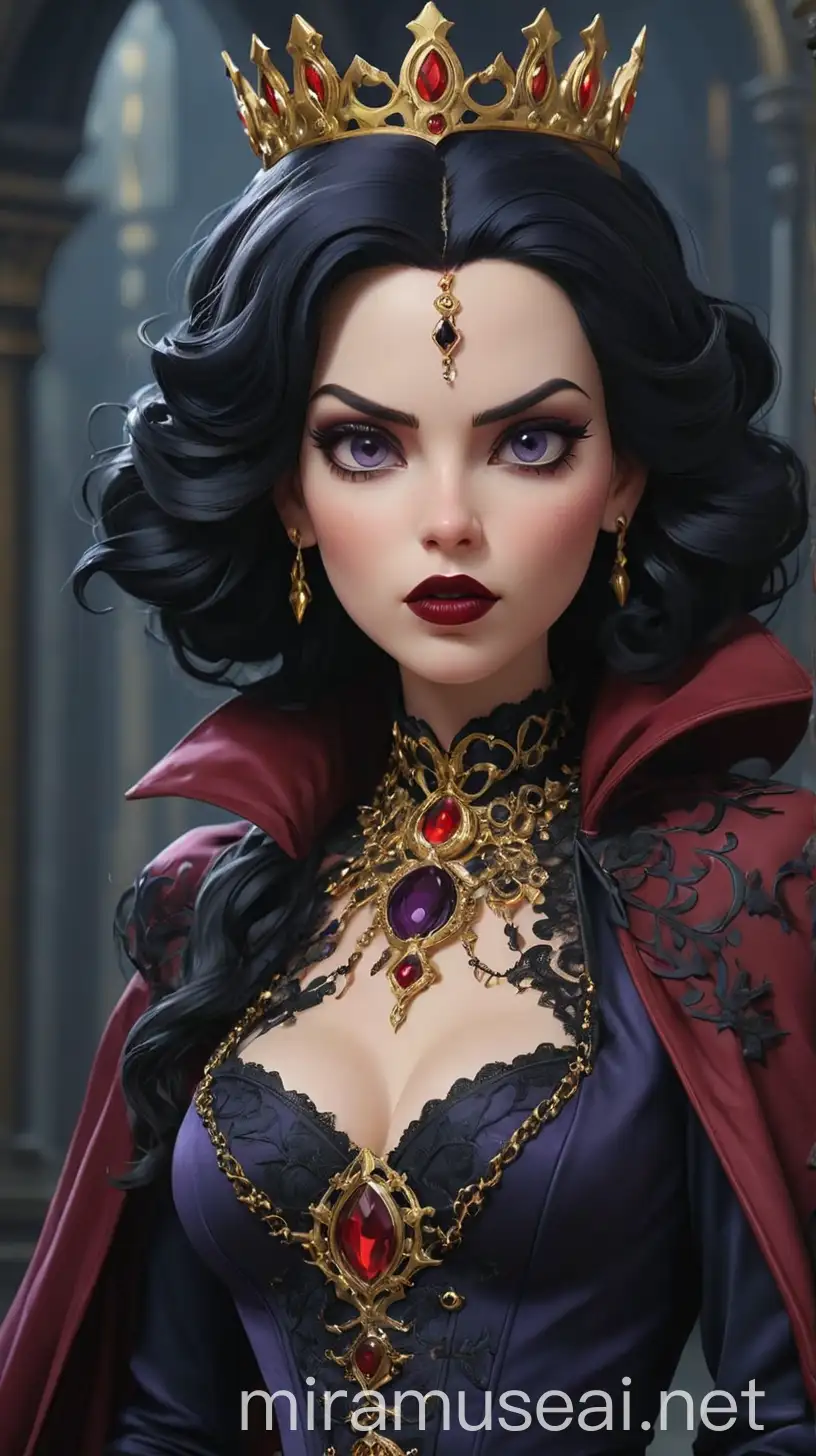 The Evil Queen exudes dark regality and timeless beauty, commanding attention and respect. Her porcelain complexion contrasts sharply with her sleek, midnight black hair. Deep purple eyes, sharp cheekbones, and bold crimson red lips add to her striking appearance. Her outfit blends 2020s Regal Punk, Gothic Glamour, and Vampire Chic aesthetics with Witchcore and Queencore elements. She wears a form-fitting midnight blue velvet gown with a high, structured collar. The gown features intricate black lace and gold embroidery. Over it, she dons a deep purple corset with black leather accents, silver buckles, crimson gemstones, and gold chains. Sheer black sleeves with crimson velvet cuffs create a dramatic effect. Her accessories mix regal and punk styles: a gold choker with a blood-red gemstone, an array of rings, and black leather gloves. She wears deep purple high-heeled boots with black laces and gold buckles. A black velvet cape lined with crimson satin and embroidered with gold symbols flows behind her. Her headpiece, a black metal circlet adorned with midnight blue, deep purple, and crimson gemstones, complements her dark beauty and reinforces her status as a powerful queen. Her appearance is a mesmerizing blend of dark elegance and regal power, with a color scheme of midnight blue, crimson red, deep purple, black, and gold, highlighting her menacing allure and timeless beauty. 