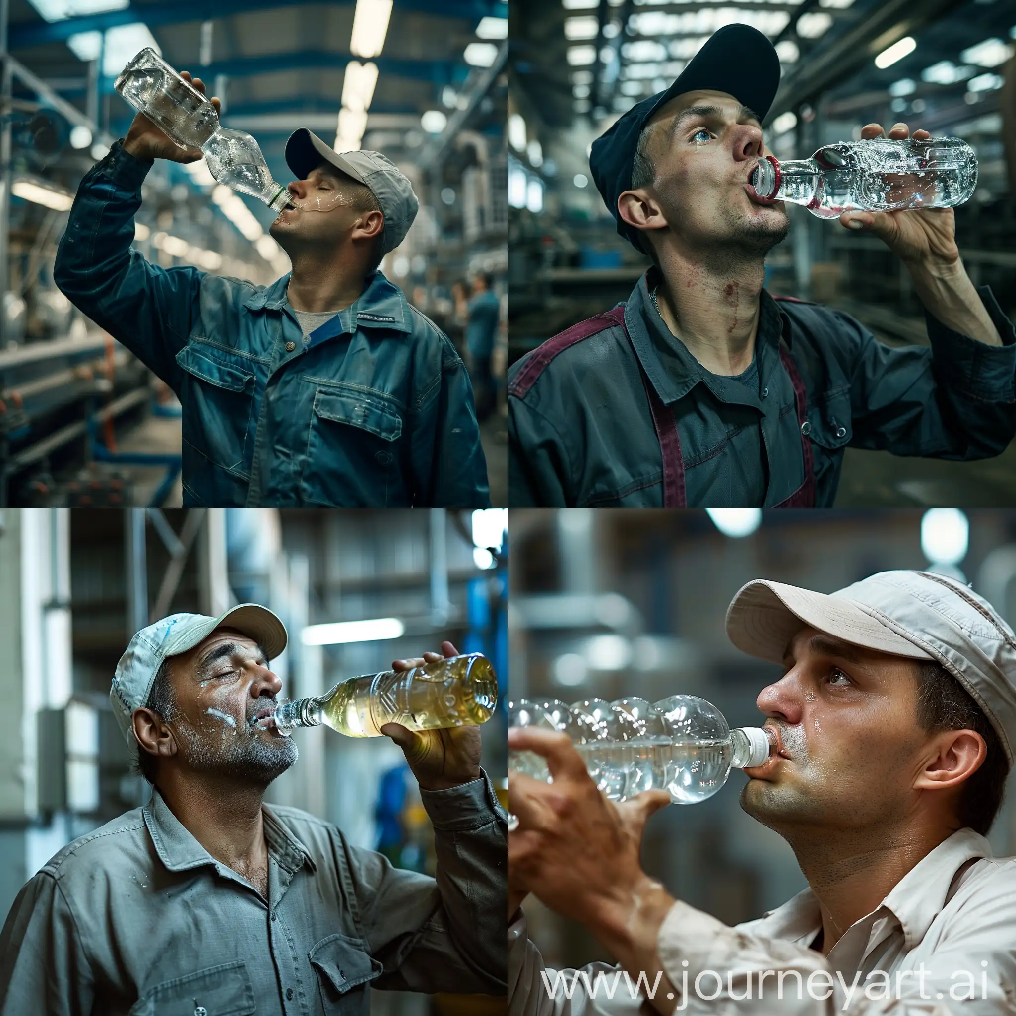 Рабочий пьет водку с горла из бутылки в цеху