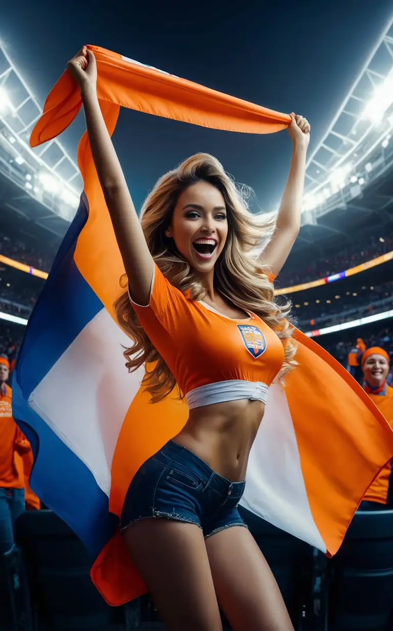 one very nice  gorgeous hot woman football fan from holland dressed in orange, EOS R1 realistic shooting, nice lights
