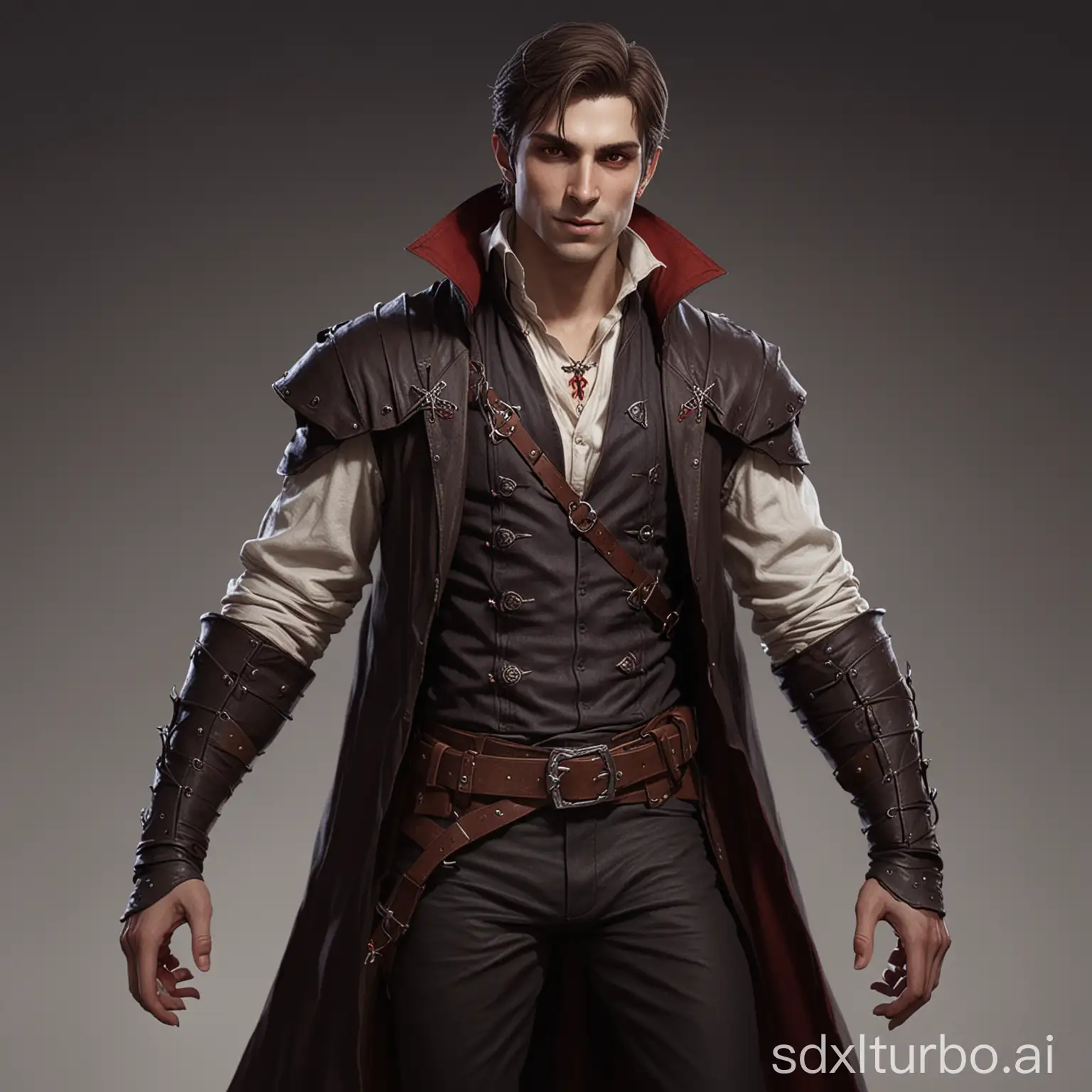 male vampire, short and brown hair, brown eyes, tall, full body, dungeons and dragons character