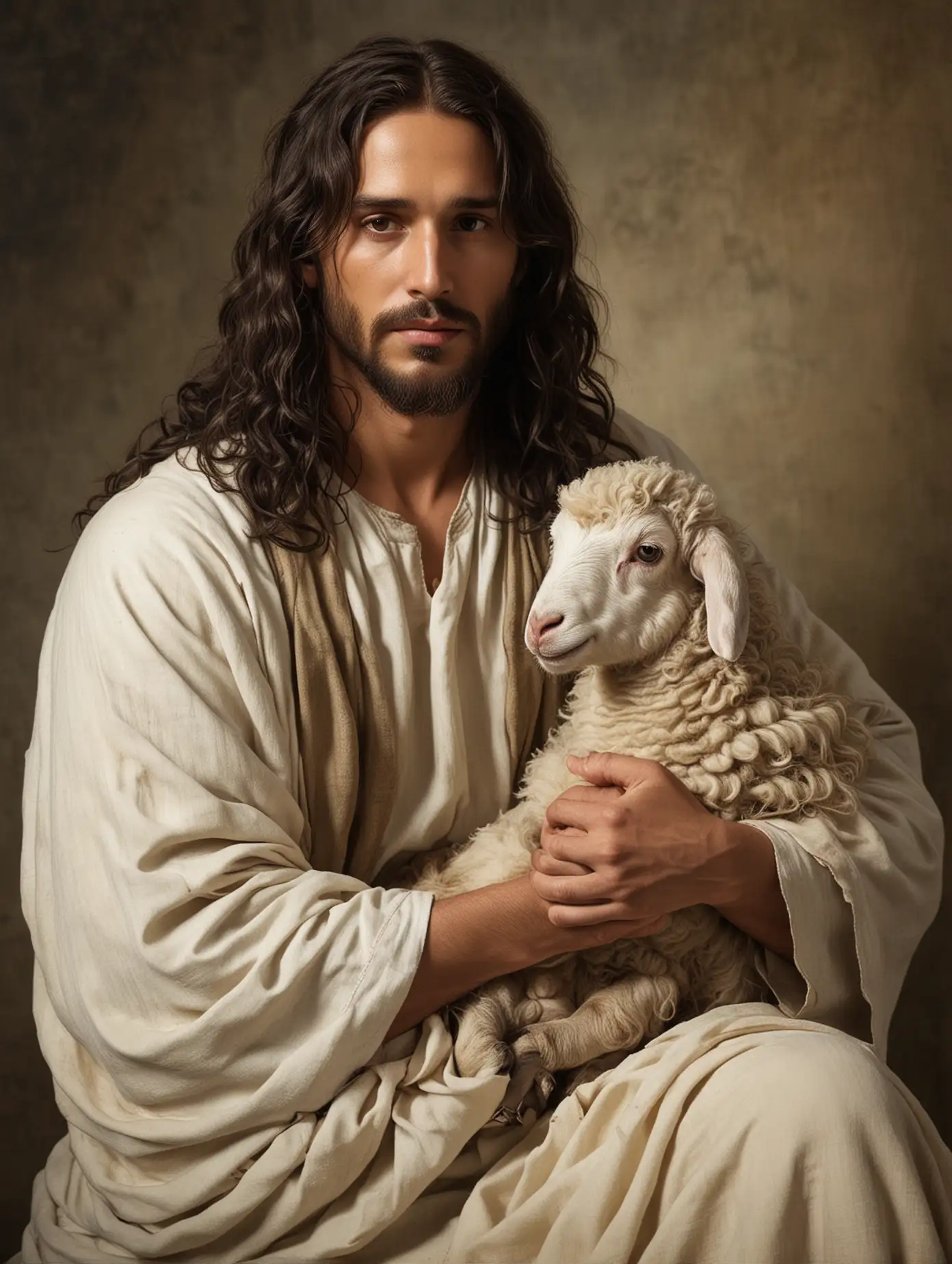 JESUS WITH LONG, DARK WAVY HAIR, SEATED WITH A LAMB IN HIS ARMS