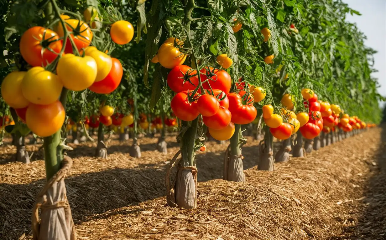 tomatoes growing in an open field, yellow-orange fruits mixed with mature bright red luscious fruits, soils neatly bunded at roots with brown mulch