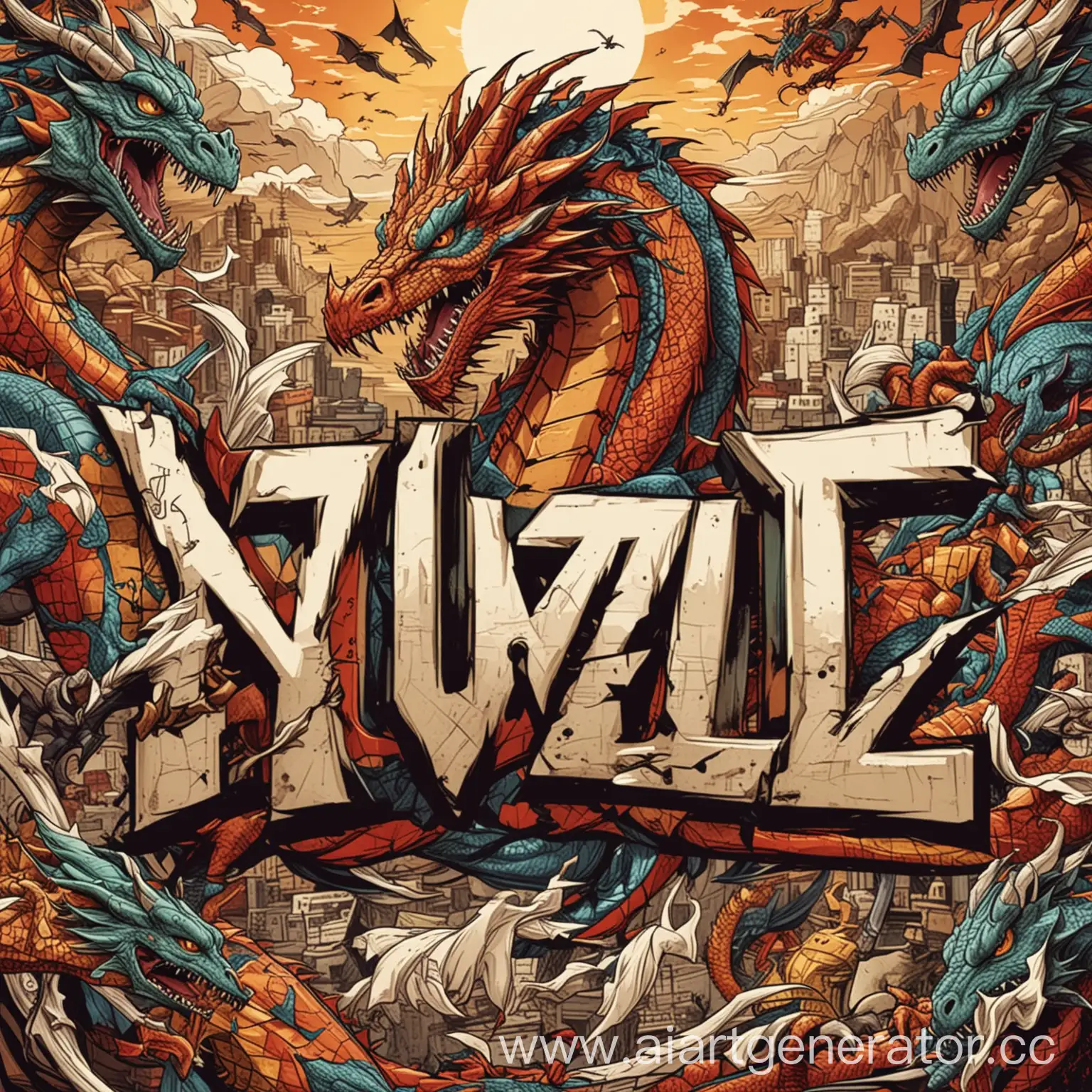 по середине слово VUZI, на заднем фоне картинки из разных игры, всё в виде комиксов, буква Z в надписи в виде дракона.