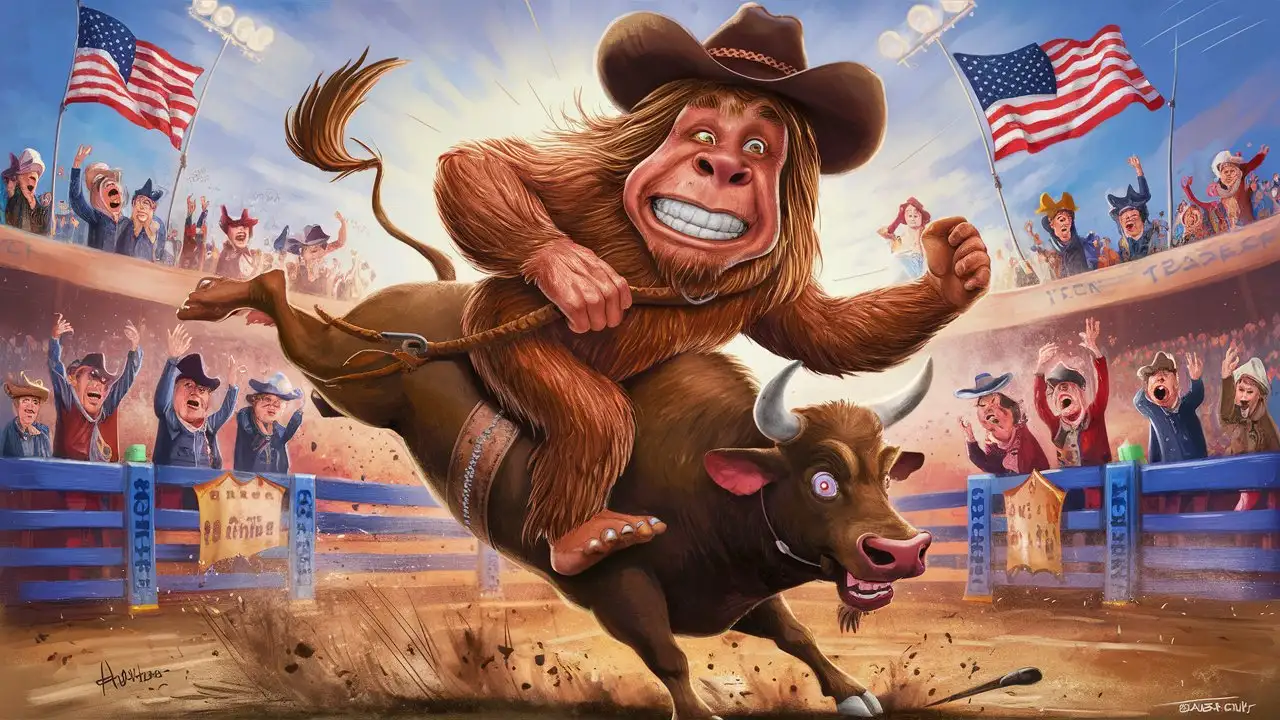 Bigfoot Riding Bull Exciting Cartoon Rodeo Scene