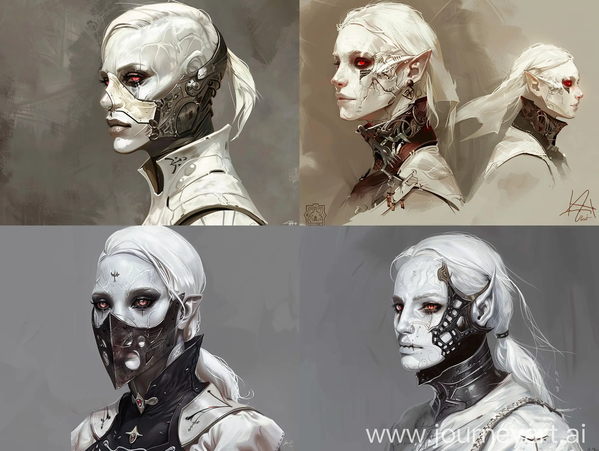 Character concept art from dragon age,A female inquisitor with white skin and white hair and scarlet eyes, a metal mask on the lower half of her face, full body view