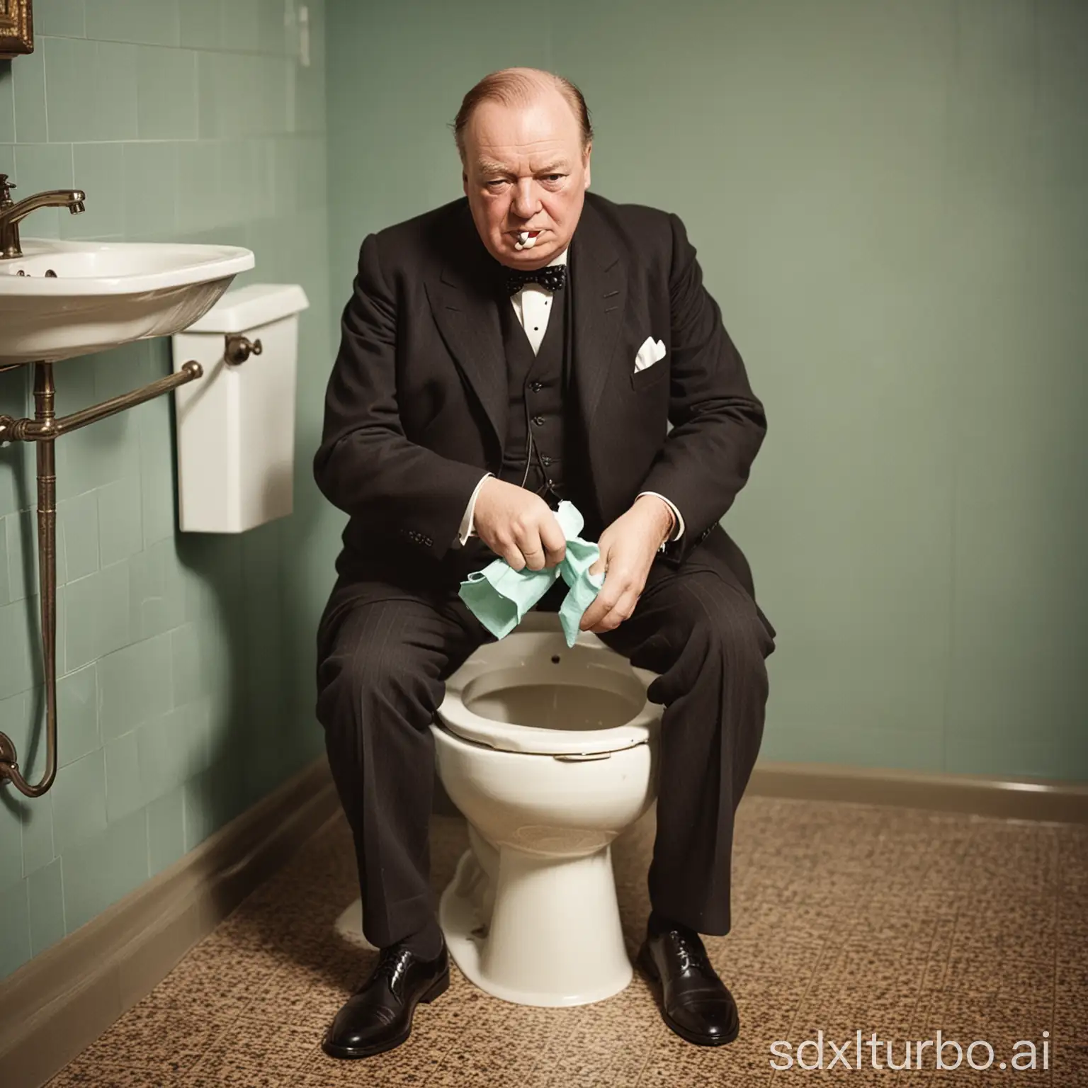 Old color photo of Winston Churchill cleaning the toilet
