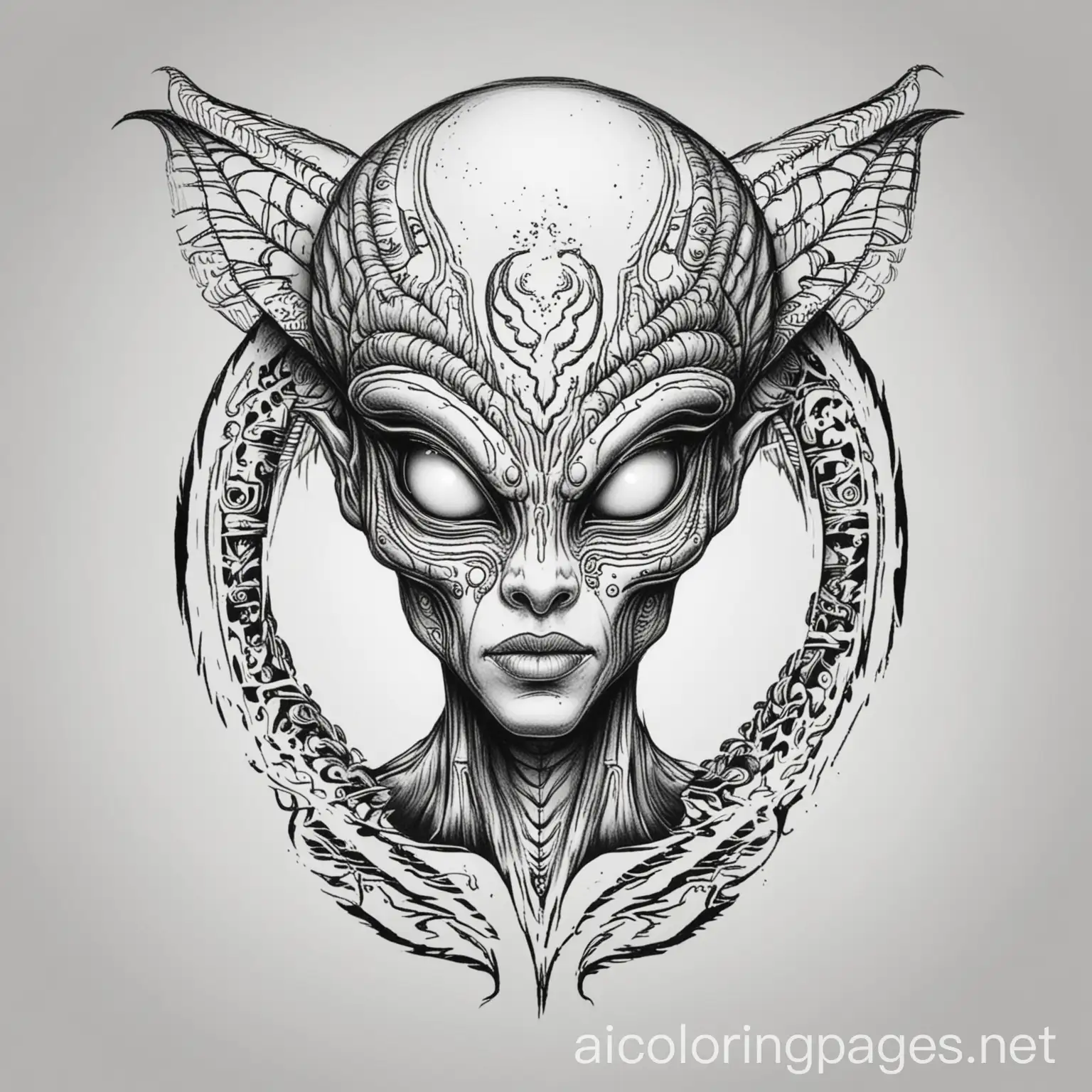 Alien, tattoo, vector, simple, coloring book, Coloring Page, black and white, line art, white background, Simplicity, Ample White Space