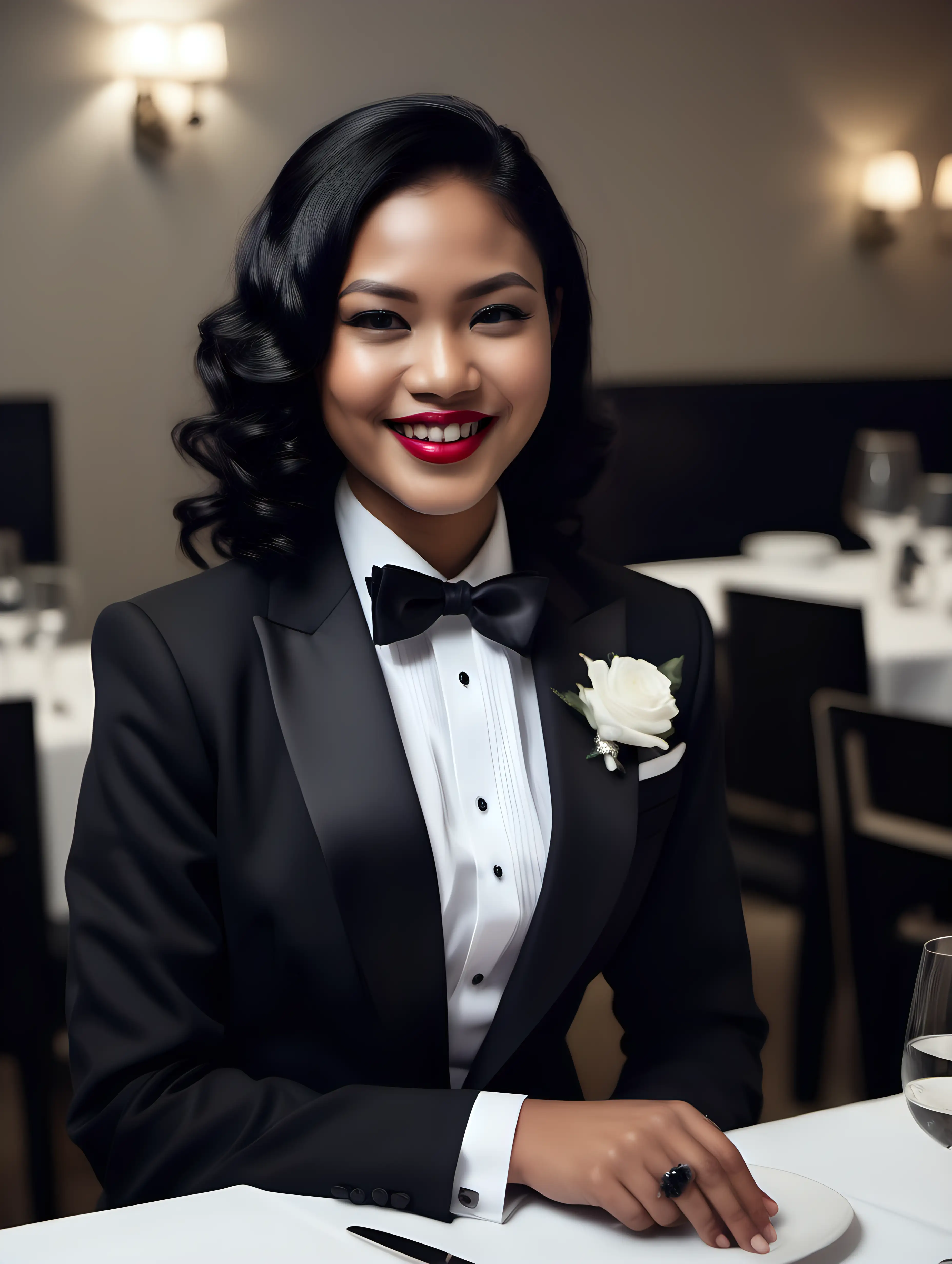 30 year old grinning dark skinned Indonesian businesswoman with black shoulder length hair and lipstick wearing a tuxedo with a black bow tie and big black cufflinks. Her jacket has a corsage. Her jacekt is open. She is sitting at a dinner table.