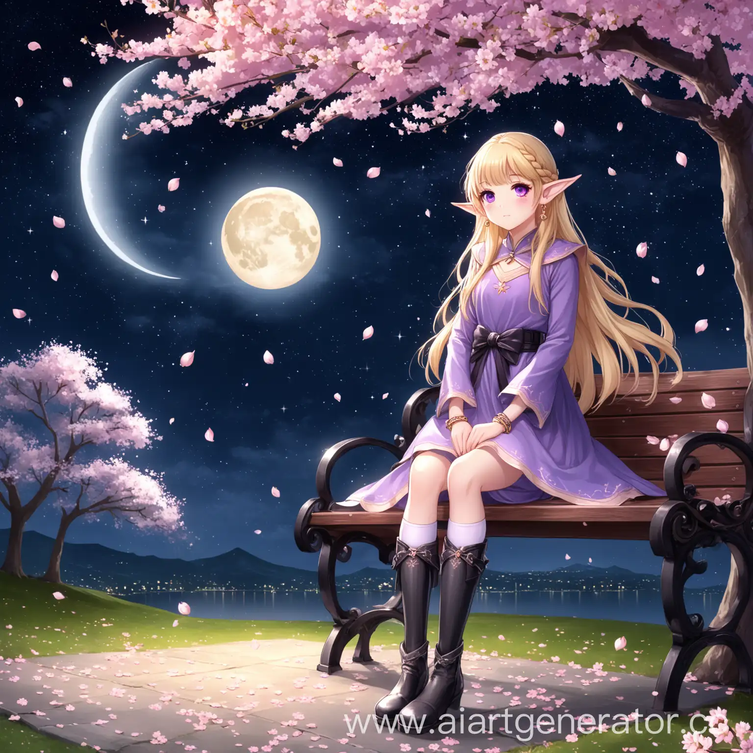 1 girl, belt, black shoes, blush, boots, braid, closed mouth, dress, earrings, jewelry, long sleeves, curtain on hips, knee socks, bangs, blonde hair, stars, blush, bow, bracelet, chest, purple eyes, elf, pointed ears, cherry blossom, night, full body, long hair, moon gazer, outdoors, petals, sky, solo, standing, bench