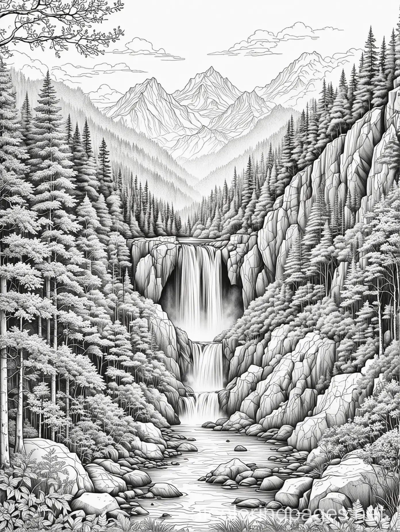  Coloring page for adults, stunning mountain landscape with forests and waterfall, black and white, line art, white background, Simplicity, Ample White Space. The page's background is plain white to facilitate coloring within the lines for young children. The outlines of all subjects are easily distinguishable, making it easy for kids to color without much difficulty.