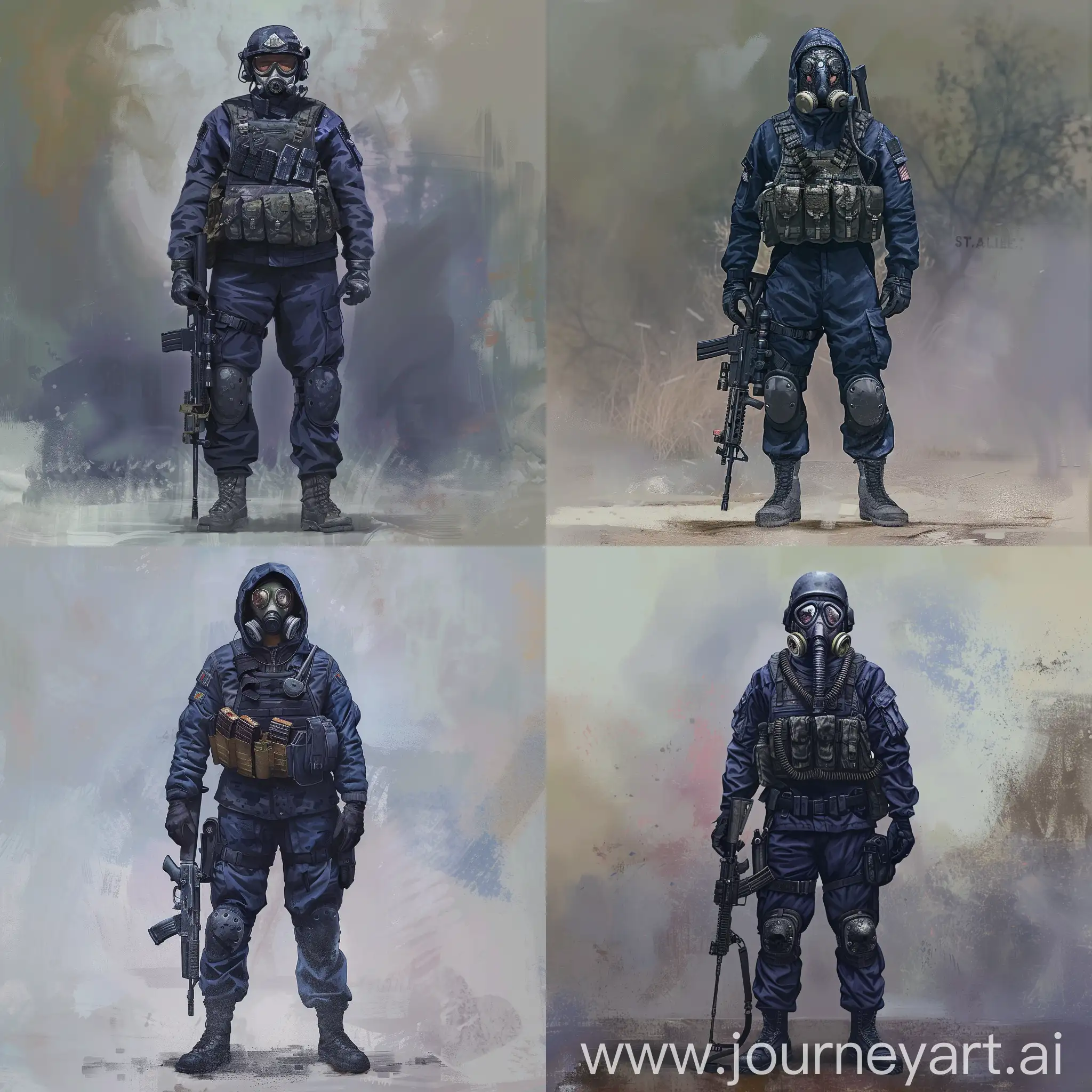 Concept Art: S.T.A.L.K.E.R. Mercenary in Full Gear
The image should depict a mercenary standing in a full-body shot, clad in their full gear,
Dark blue NATO military jumpsuit, protective suit
Military-grade bulletproof vest,
Black gloves,
GP-5 gasmask,
Small backpack on the back,
Sniper rifle in the hands,
The mercenary should appear rugged and experienced, with a determined expression on their face,
The gear should look realistic and functional,
The background can be blurred, depicting the grim and dangerous setting of the Zone.
