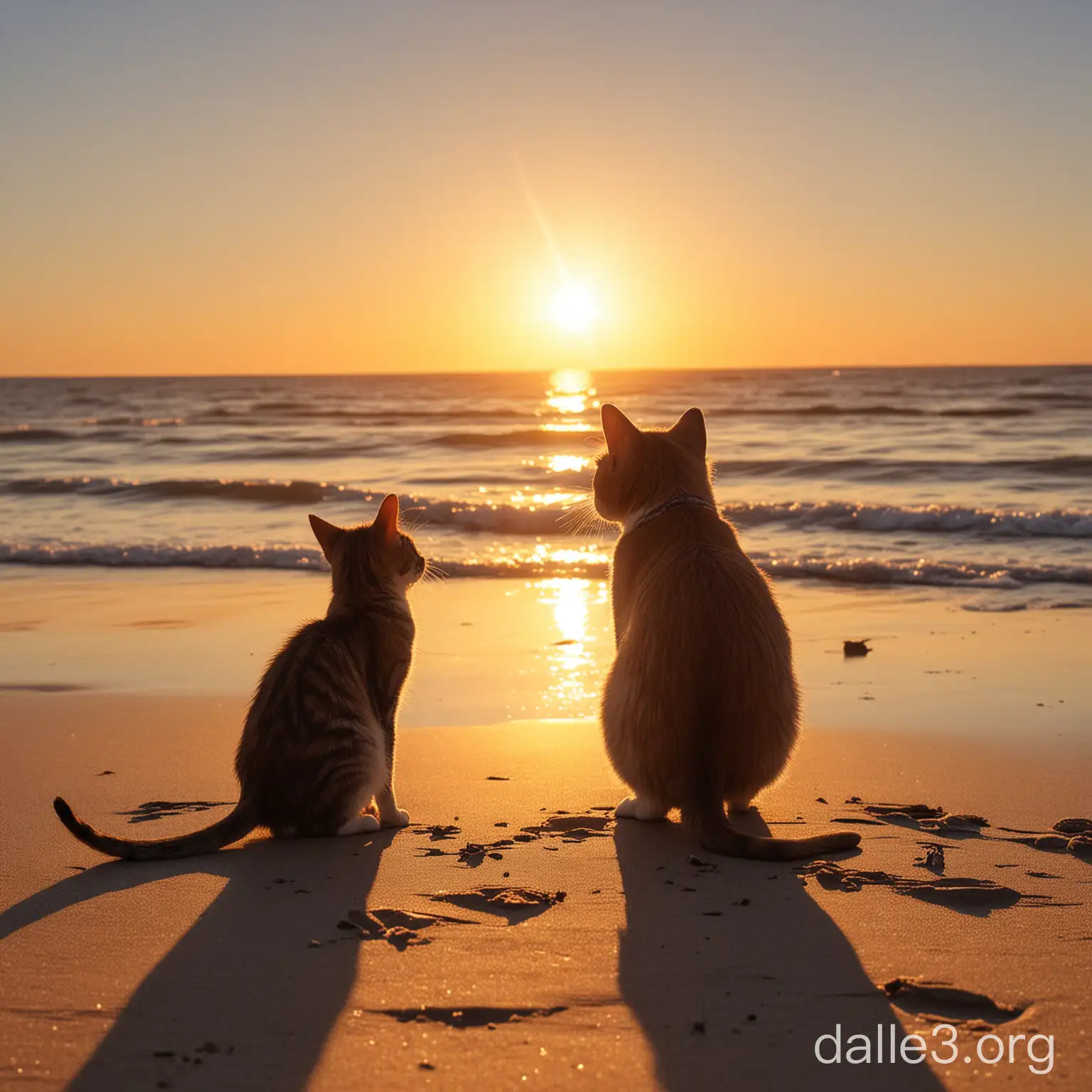 A cat and a mouse on the beach at the sunset. They look at the sun. We see them from the back