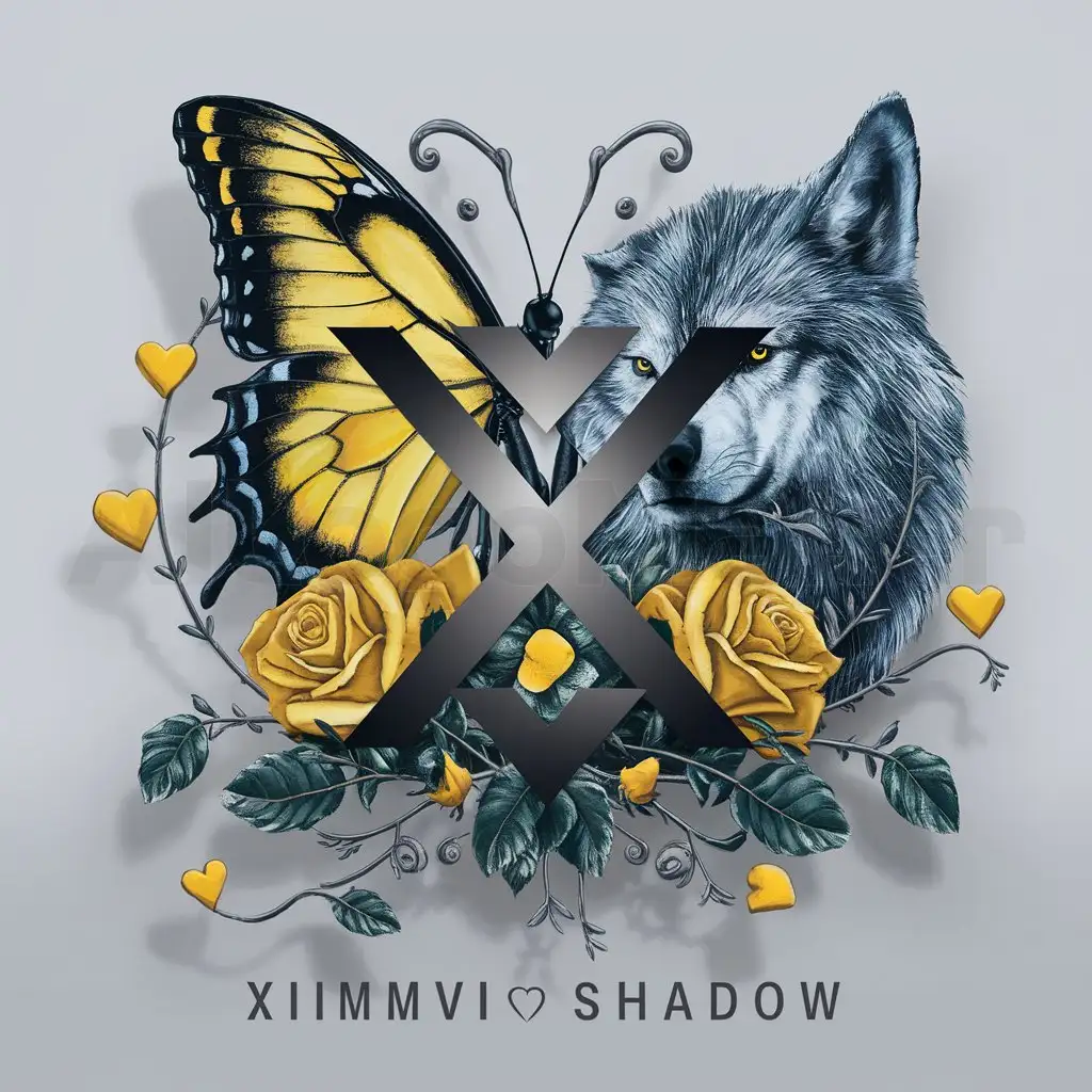 a logo design,with the text 'realistic Yellow Butterfly and Ice Wolf with Yellow Roses and Hearts elements' in black background, main symbol:XIIMMVI ❤️ Shadow,complex,be used in 0 industry,clear background