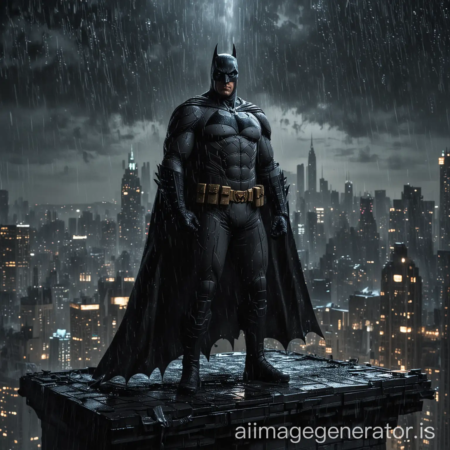 Batman stands on the roof of a skyscraper in Gotham City. It is night. It rains. In the background, spotlights light up the sky.