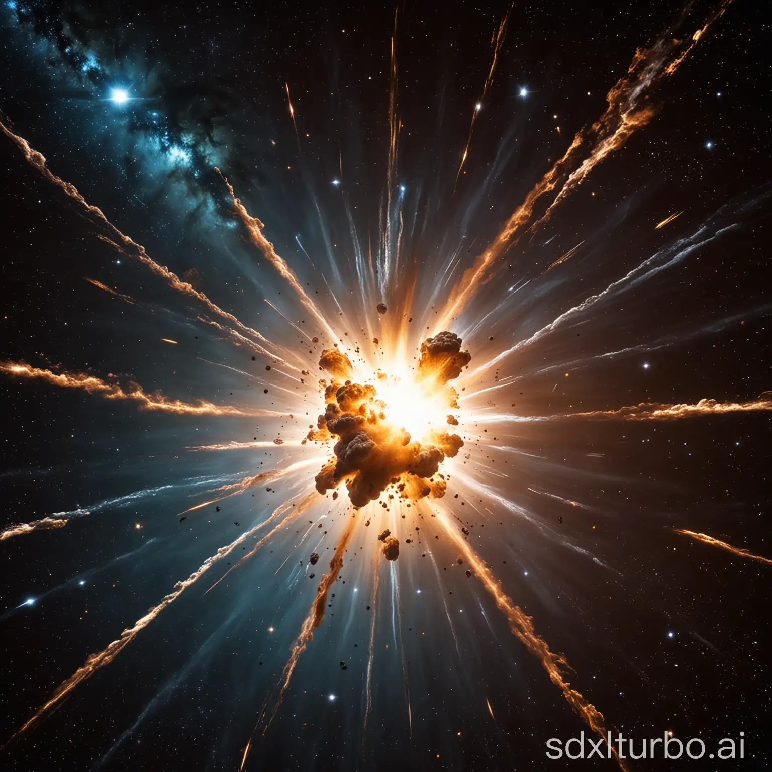 a explosion in space in front of a star field