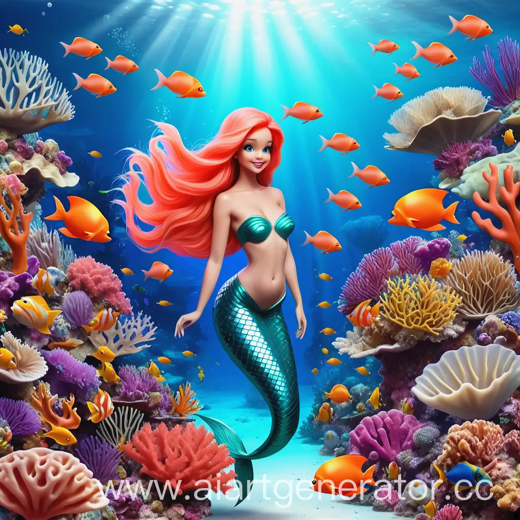 Graceful-Mermaid-Swimming-Amid-Vibrant-Coral-Reef-and-Shoal-of-Fish