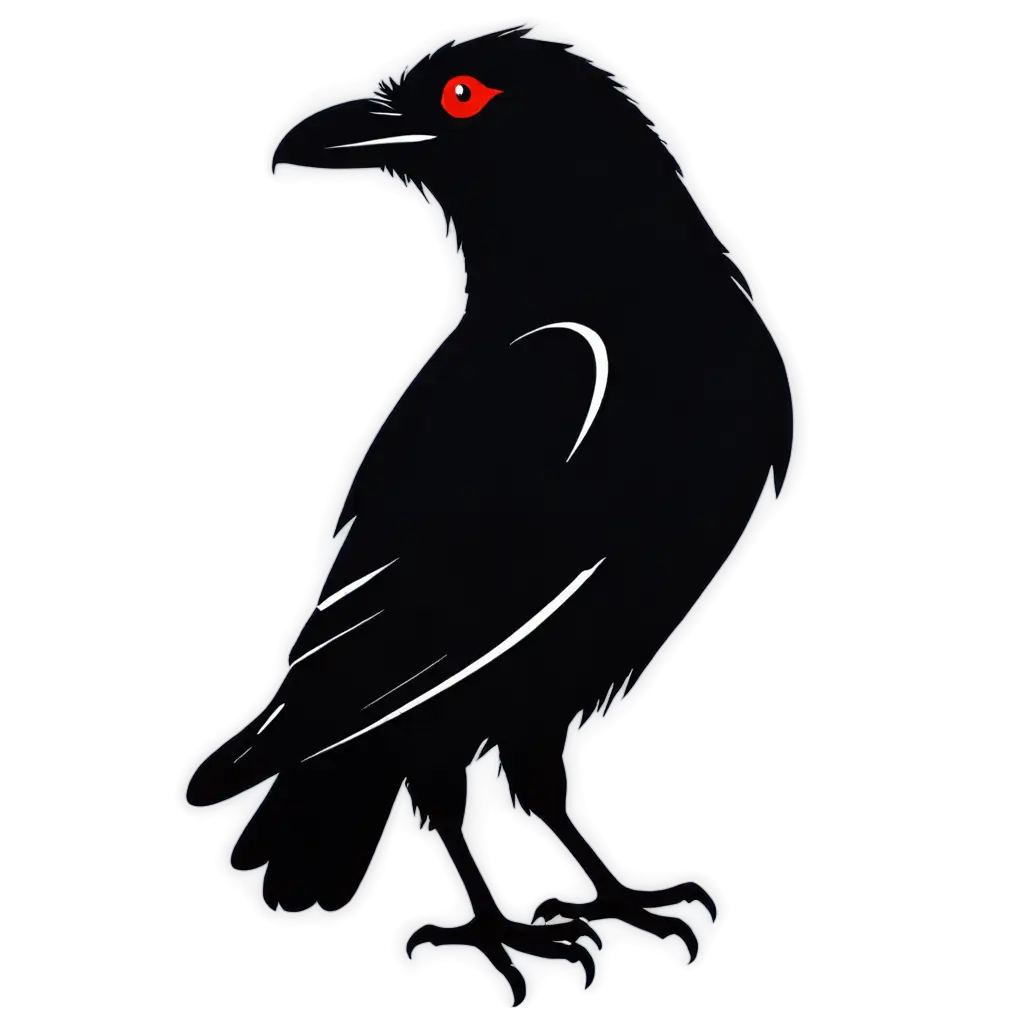cartoon silhouette black raven with red eyes logo