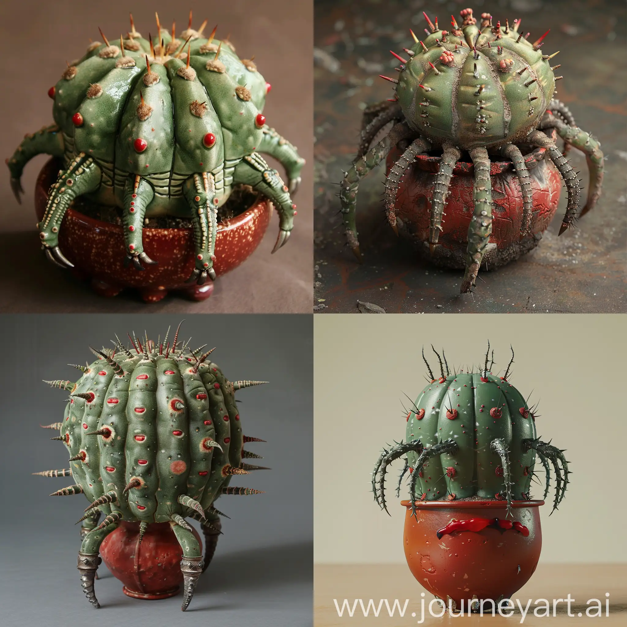 A cactus, similar to pistachio-colored aloe vera, tiny moles on the body of the cactus in the shape of red lips, a cactus in a small and spherical red pot, a ring made of carbon and titanium that is placed around the pot and has legs like a spider. Legs similar to wolverine claws