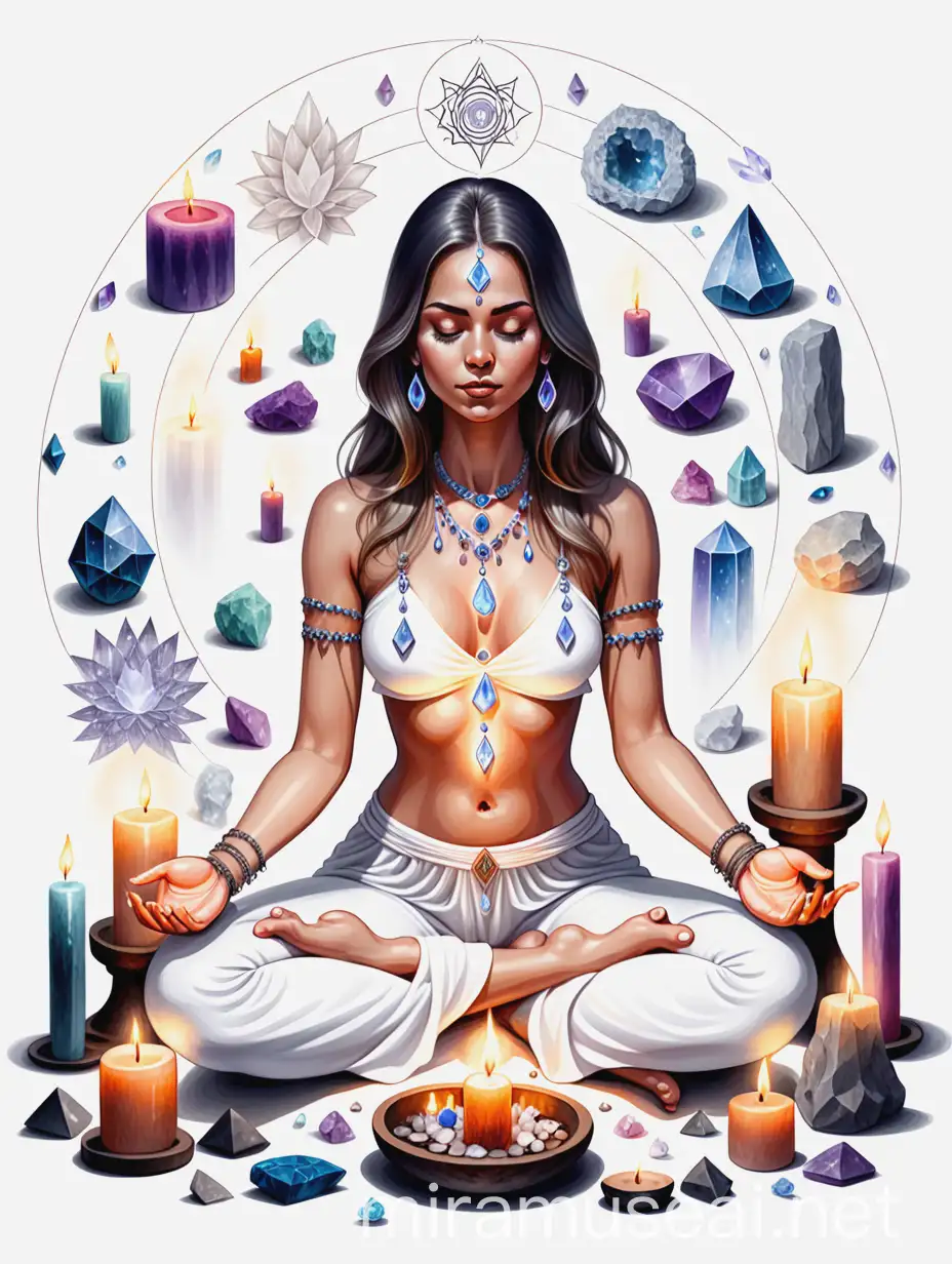 drawing of a beautiful woman sitting in meditation with crystals, candles and ritual objects encircling her. white background.