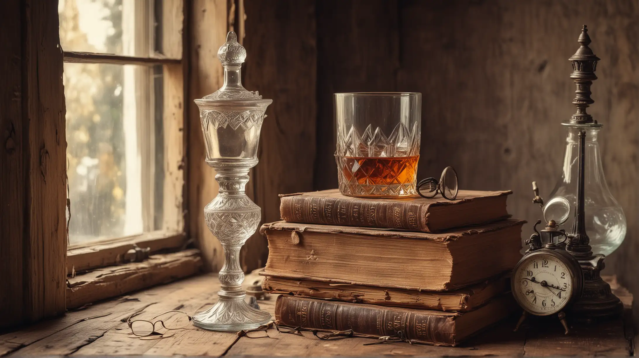 pile of antique books on old wooden table with small pair of antique glasses with brandy glass and old clock near a window of an 1800's setting