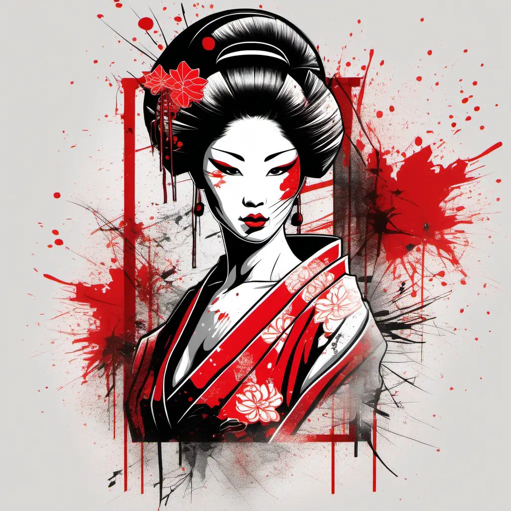 Seductive Geisha Art with Glass Accents in Red and Black Ink Splash