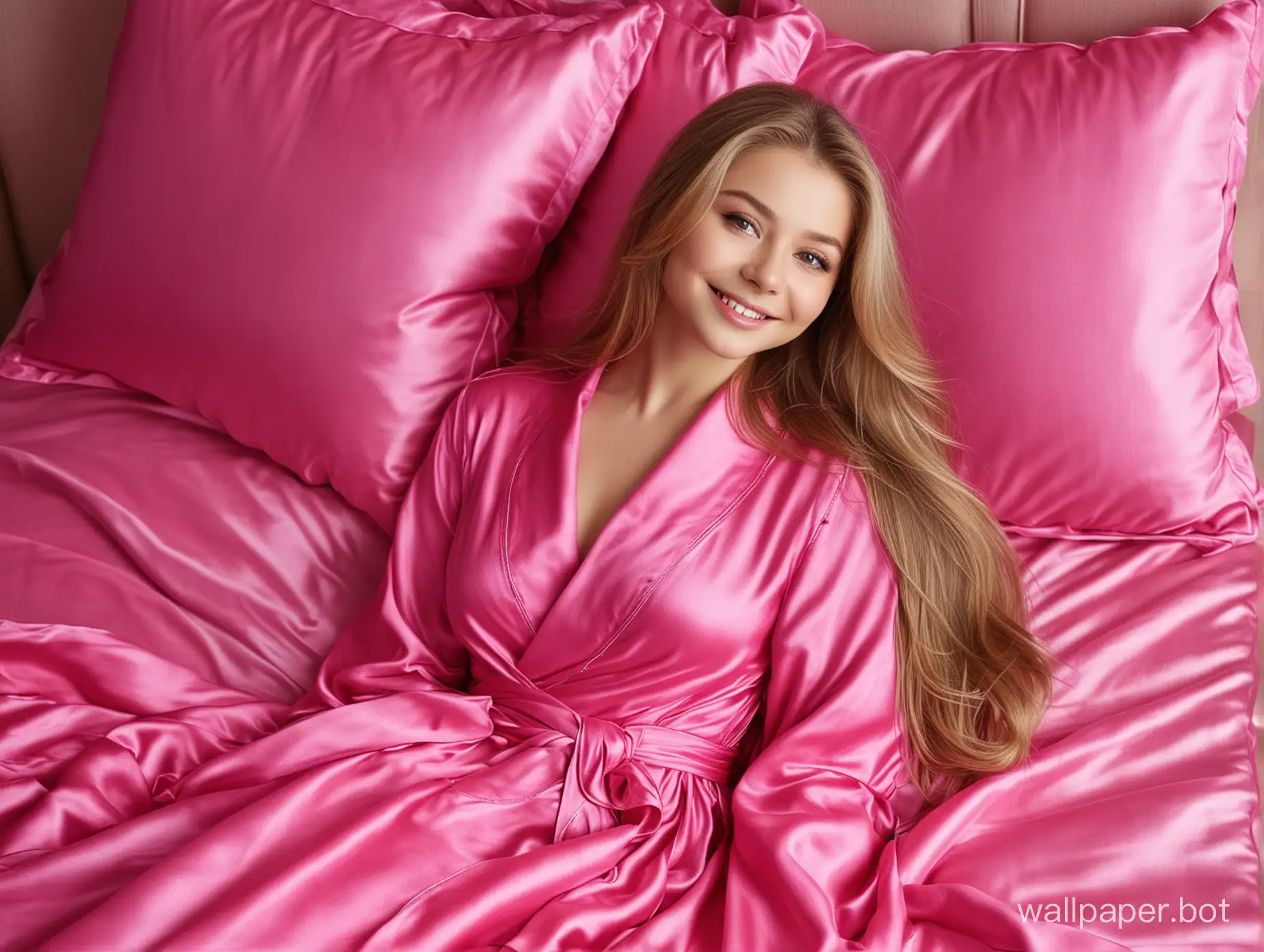 Sweet Yulia Lipnitskaya smiles with long straight silky hair in long Beautiful, gentle, Luxurious glamour natural hot pink fuchsia mulberry silk robe relaxing in royal, pink fuchsia silk bed on silk background