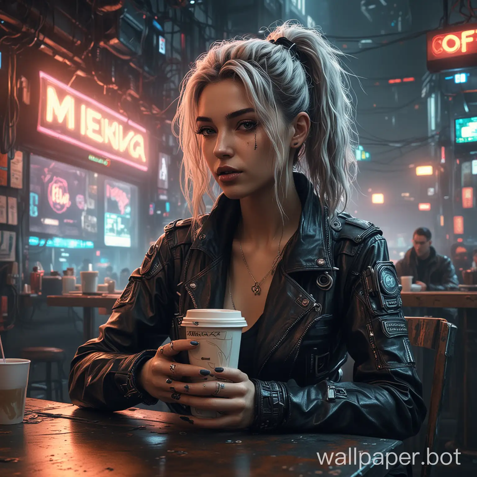 Mia Malkoca in a cyberpunk setting drinking coffee