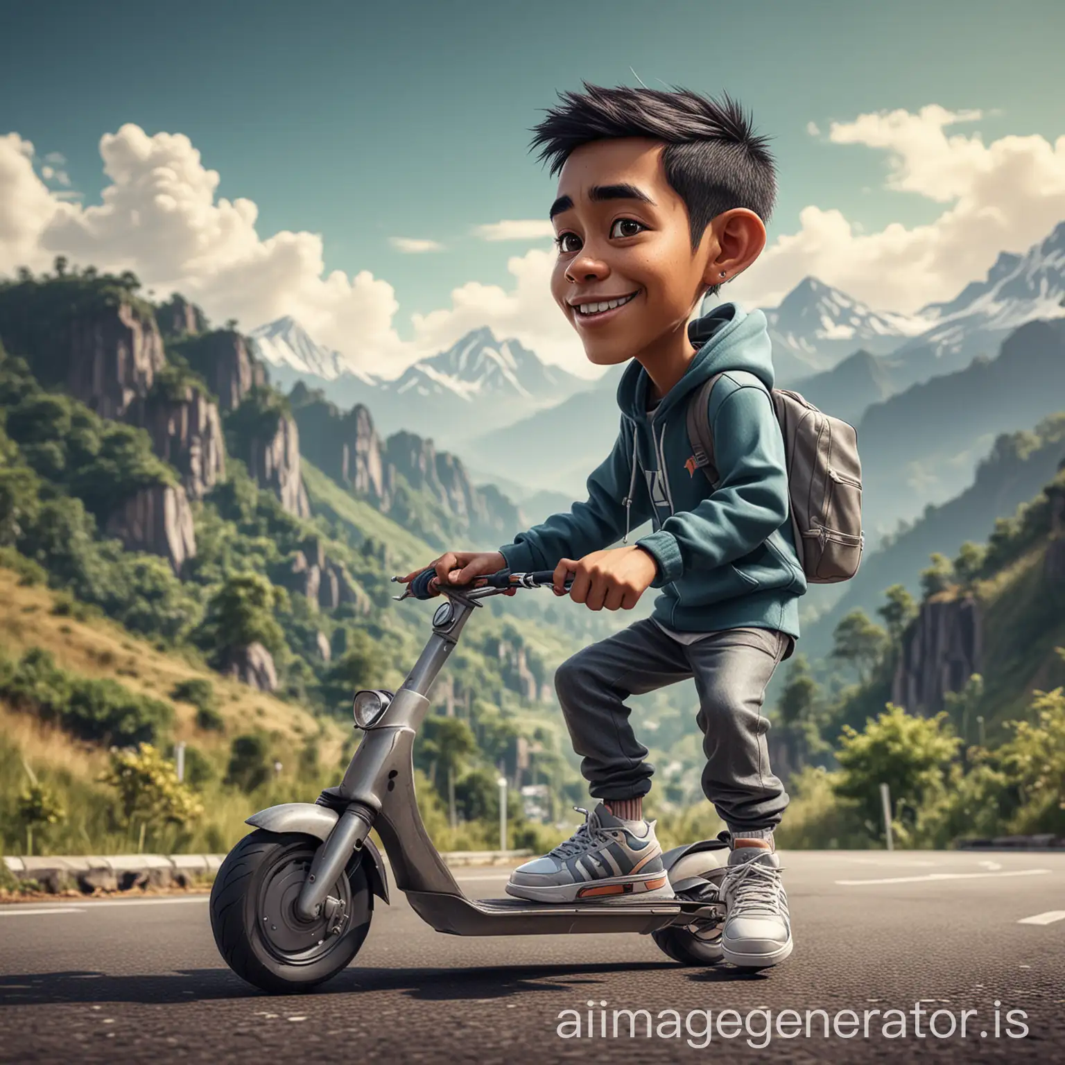 create a 4d caricature image of an Indonesian man with short hair, wearing a hoodie and sneakers, riding a metic scooter in a mountainous area, Indonesian road background, hipper-realistic, high contrast, high color effect, 8k, detail, focus