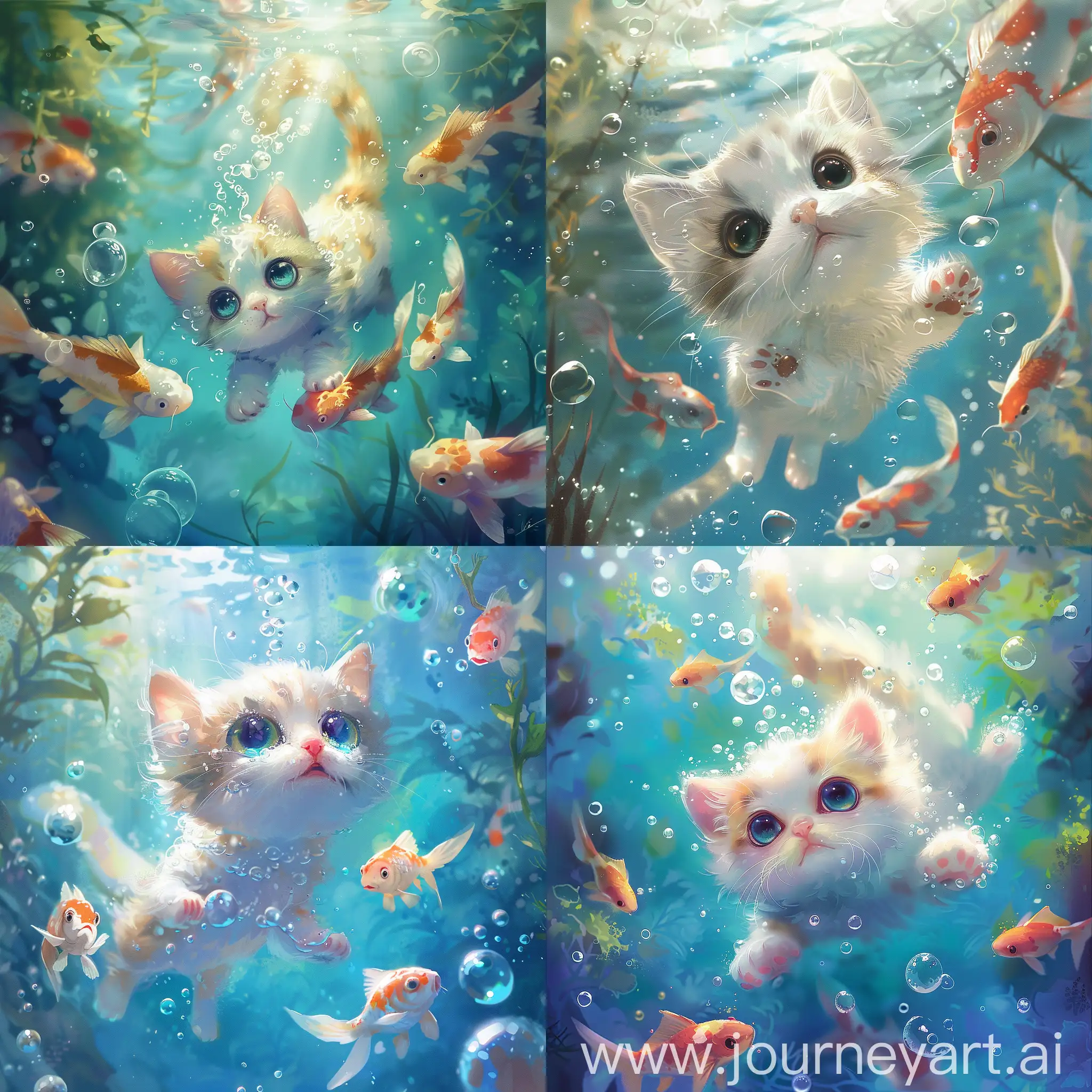 Cute-Kitten-Swimming-with-Colorful-Koi-Fish-in-Vibrant-Underwater-Scene