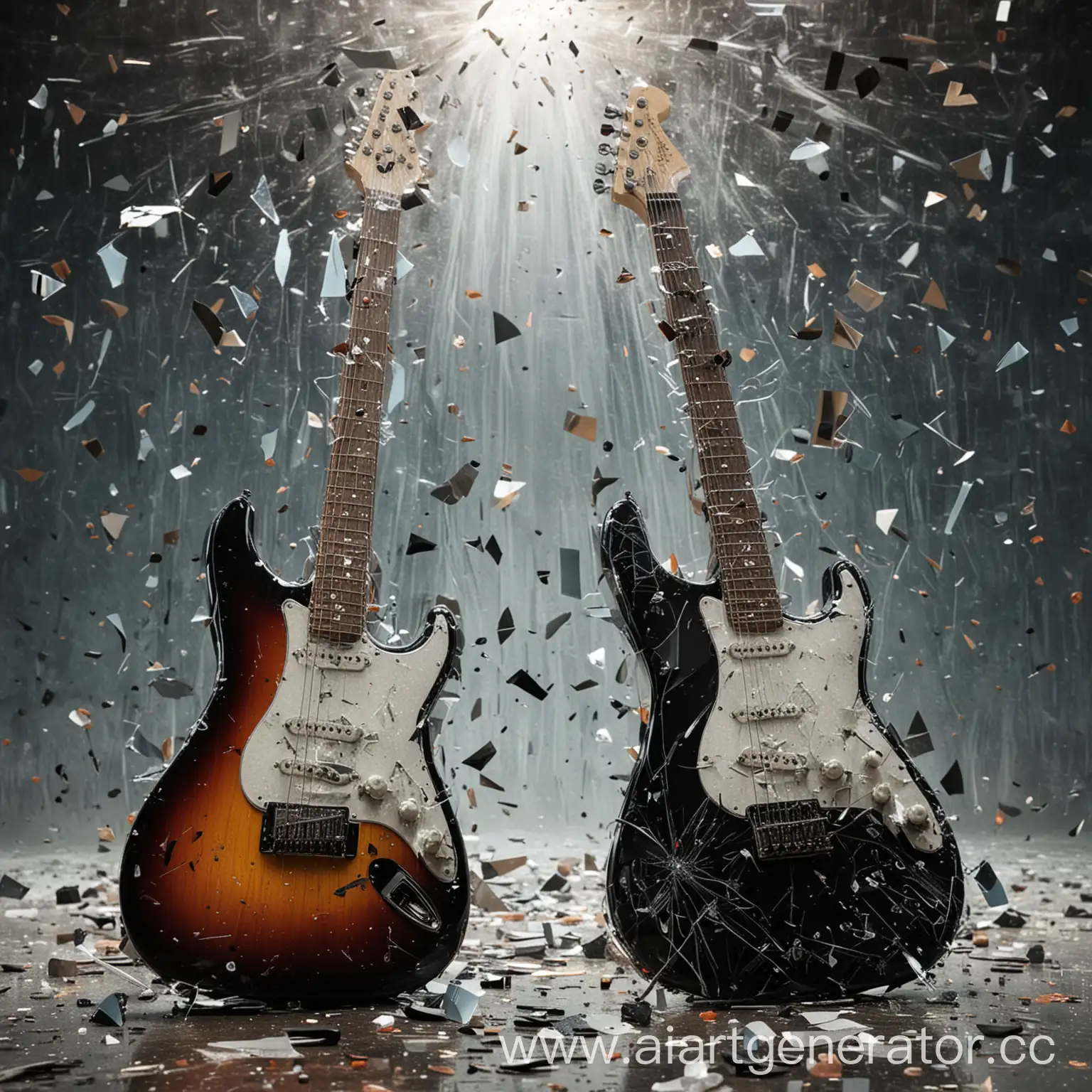 electric guitar and bass guitar in front of shattered glass explosion