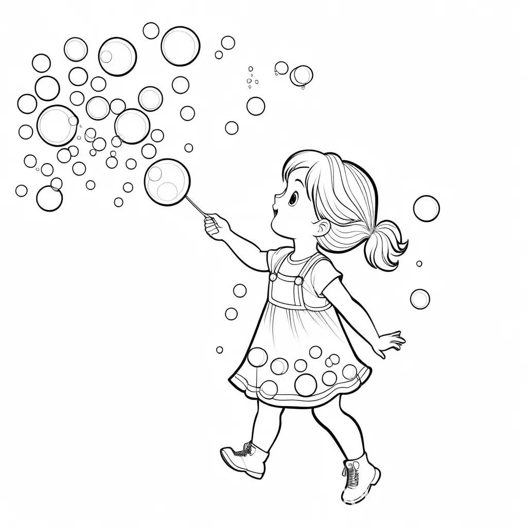 Little girl catching bubbles, Coloring Page, black and white, line art, white background, Simplicity, Ample White Space. The background of the coloring page is plain white to make it easy for young children to color within the lines. The outlines of all the subjects are easy to distinguish, making it simple for kids to color without too much difficulty