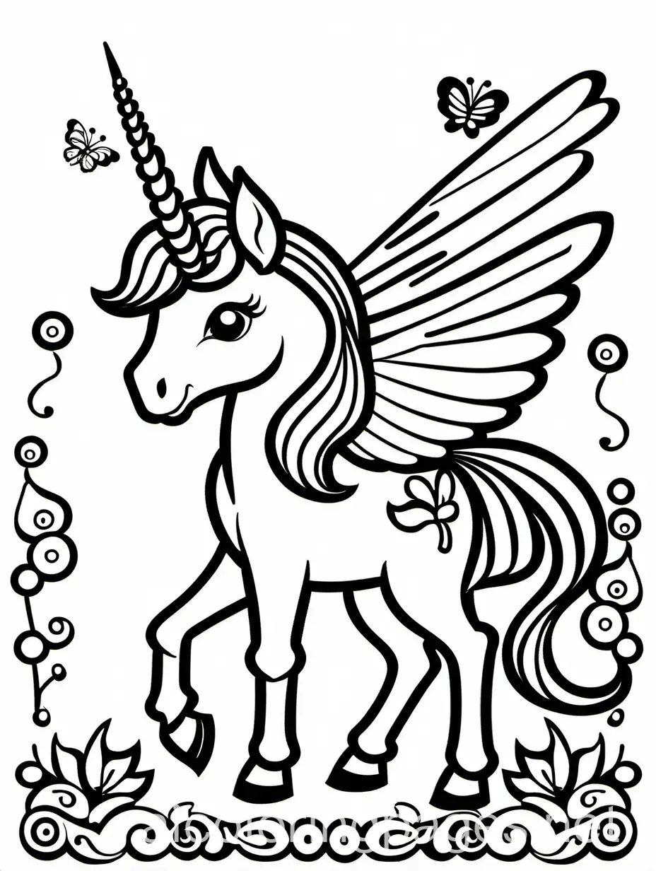 coloring pages for kids, unicorn with butterfly wings playing, simple kids coloring book, less detail, in the style of Simple drawing, Rounded Lines, No Shading, Coloring Page, black and white, line art, white background, Simplicity, Ample White Space. The background of the coloring page is plain white to make it easy for young children to color within the lines. The outlines of all the subjects are easy to distinguish, making it simple for kids to color without too much difficulty 
