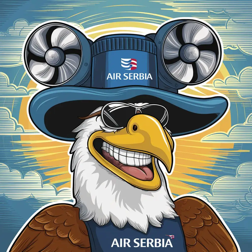 Make new " AIR SERBIA " funny eagle MASCOT , make it very funny, a huge hat on the Eagle 