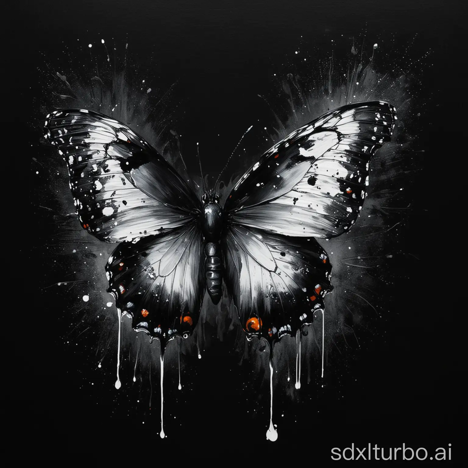 dripping ink brush painting of butterfly against black background dotted with white