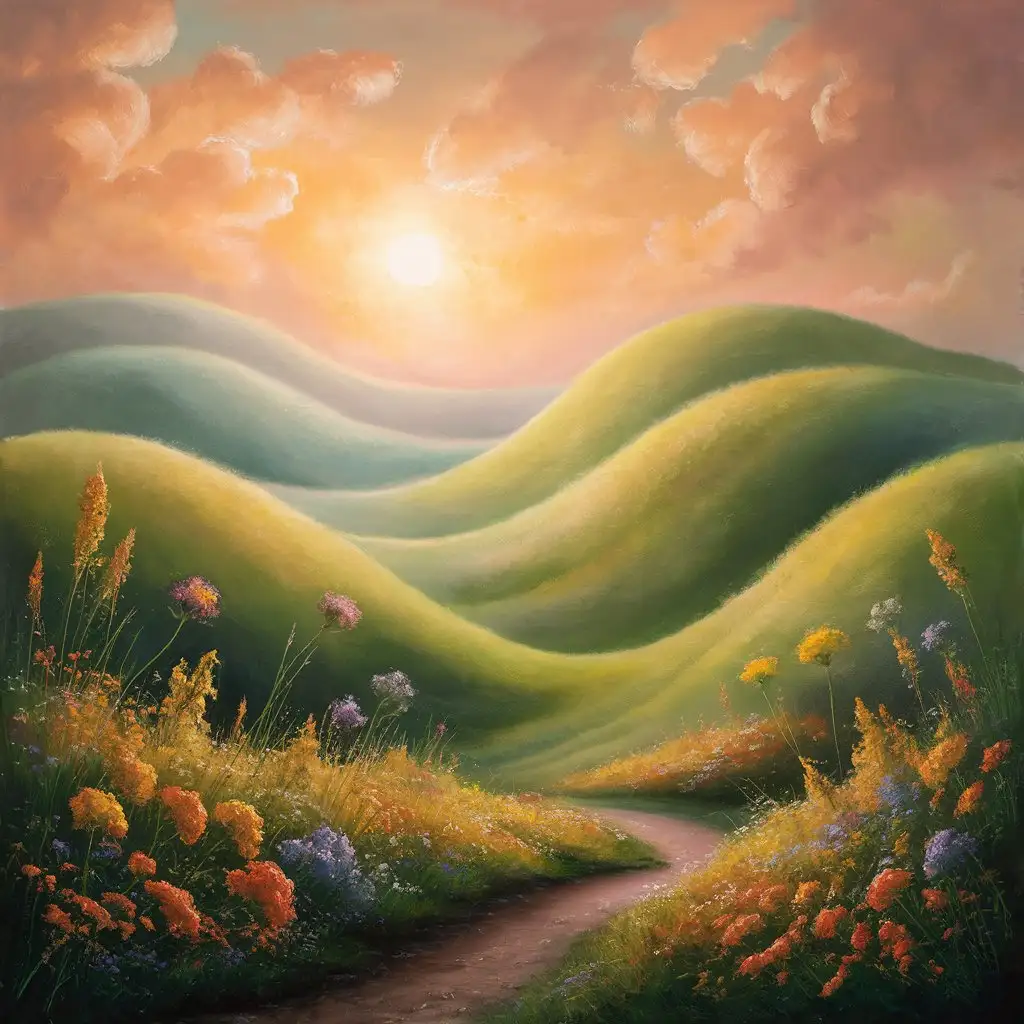 A serene landscape with rolling hills and a golden sunset in the background, featuring vibrant wildflowers in the foreground.