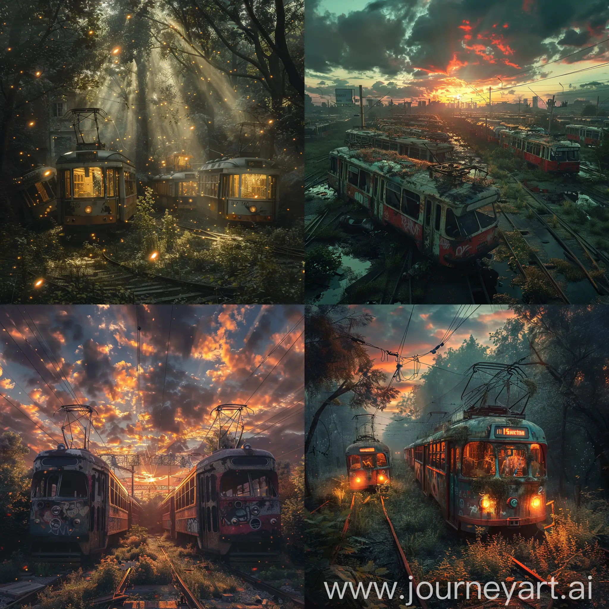 Impossible surreal light shines over small trams graveyard, scary, beautiful