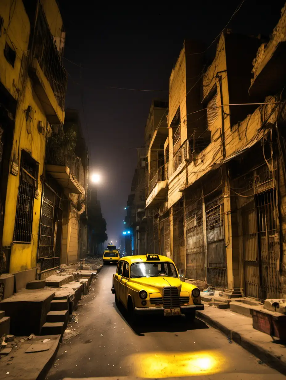 A yellow Egyptian taxi drives down a run-down street with old houses in Cairo at night