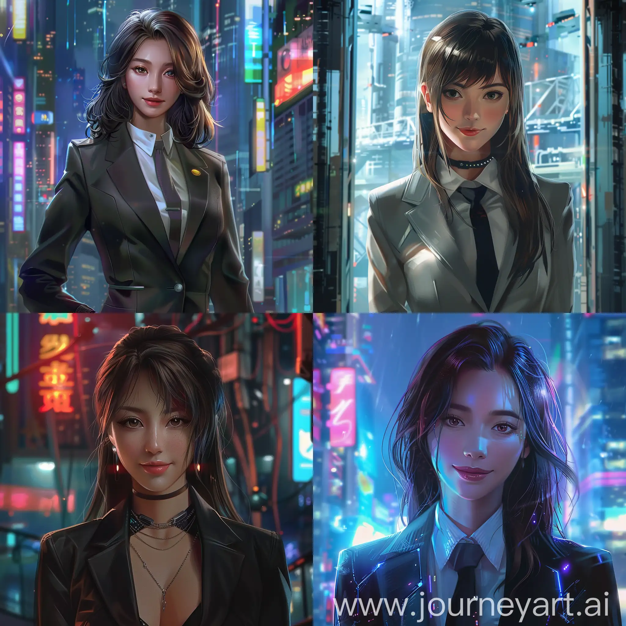 Anime, cyberpunk, future, corporate, girl, alone, asian, brown hair, smiling, gray eye, business suit, cyberpunk 2077