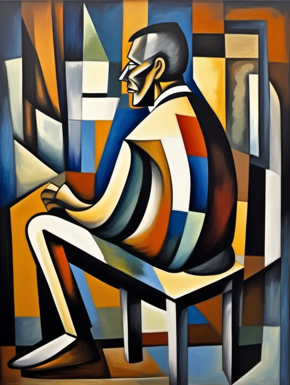 painting  of a sitting man in his forties from the back in the style of abstract cubism