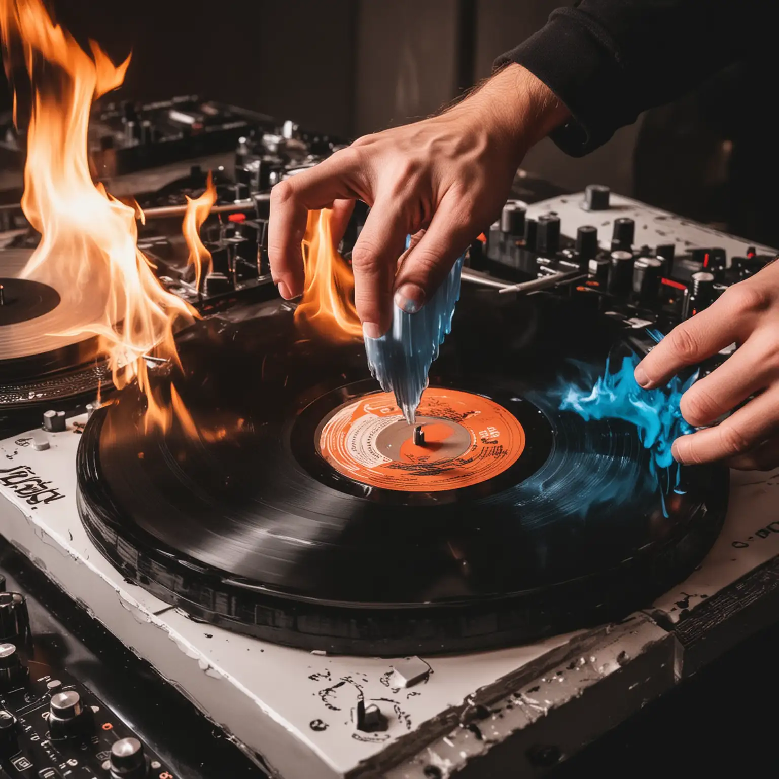 DJ Scratching Vinyl Record with Fire and Ice