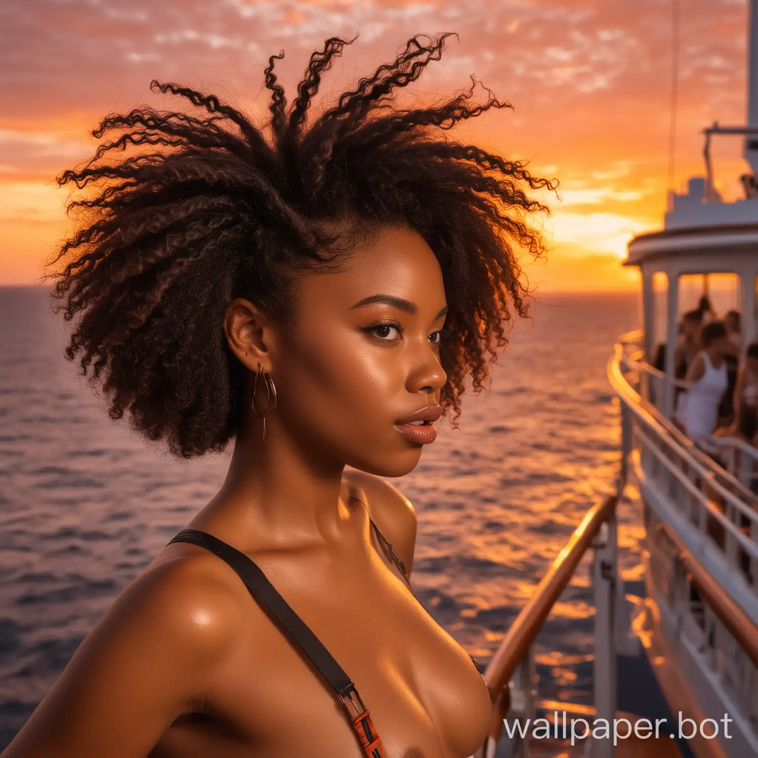 Black Brazilian girl on a luxury cruise liner at a vibrant red and orange sunset in the background peeking behind her hair that is blowing through her hair wearing a straps that accentuates nudity