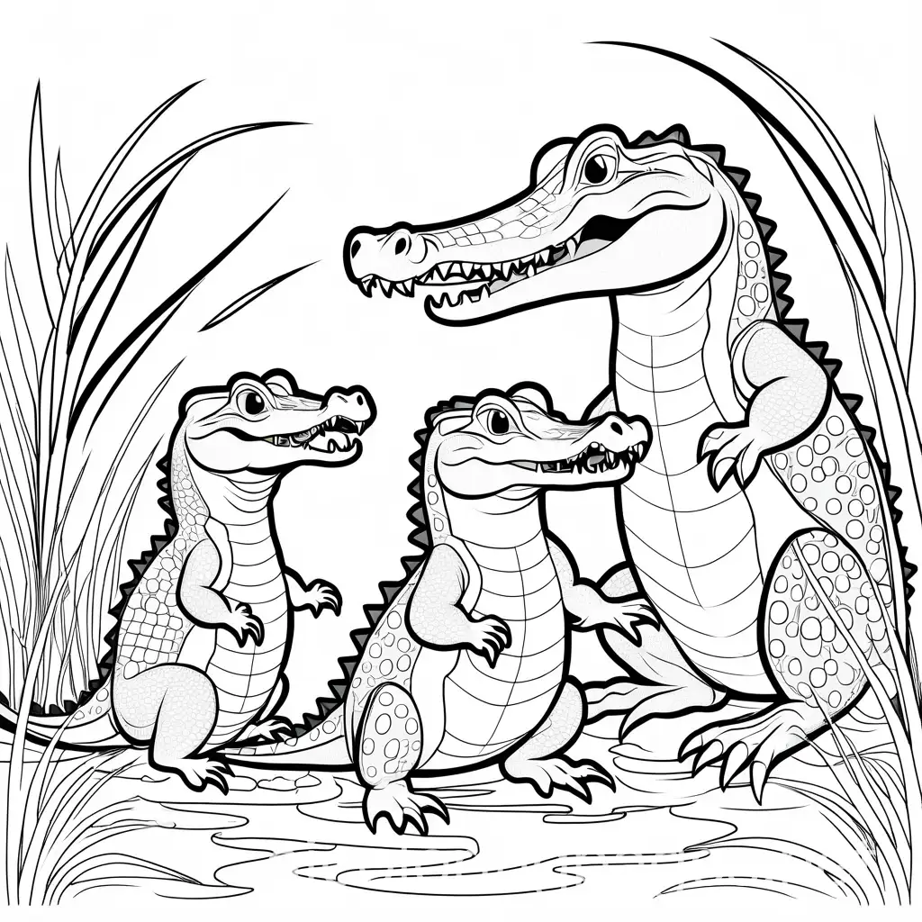 BABY CROCODILE PLAY WITH IS MOMMY CROCODILE, AROUND THEM A JUNGLE, Coloring Page, black and white, line art, white background, Simplicity, Ample White Space. The background of the coloring page is plain white to make it easy for young children to color within the lines. The outlines of all the subjects are easy to distinguish, making it simple for kids to color without too much difficulty