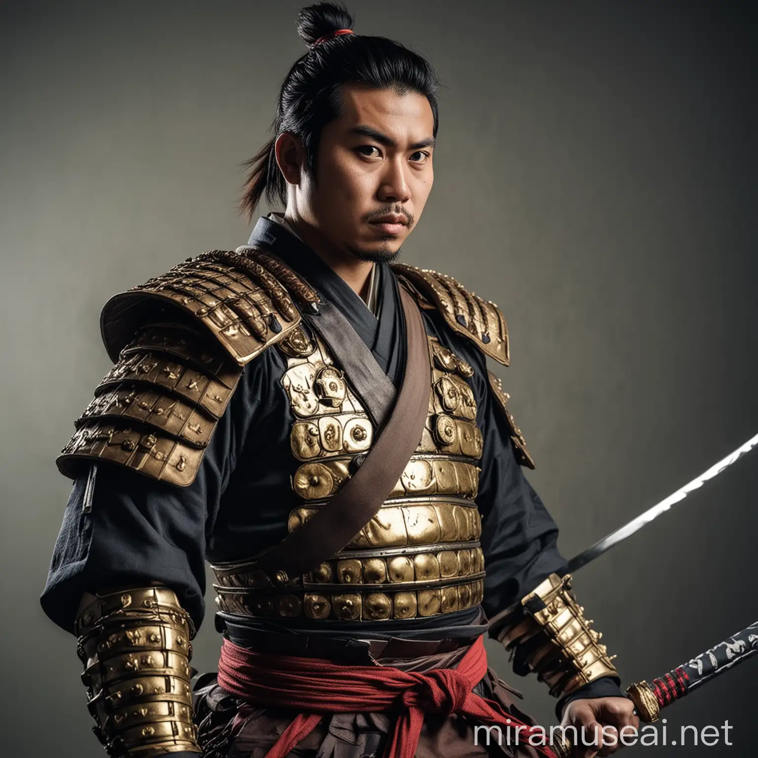 Seni fotografi seorang laki-laki indonesia usia 30 tahun, bertubuh agak gemuk, cosplay menjadi tadakatsu Honda dari samurai warrior, efek dramatis, cinematic UHD 