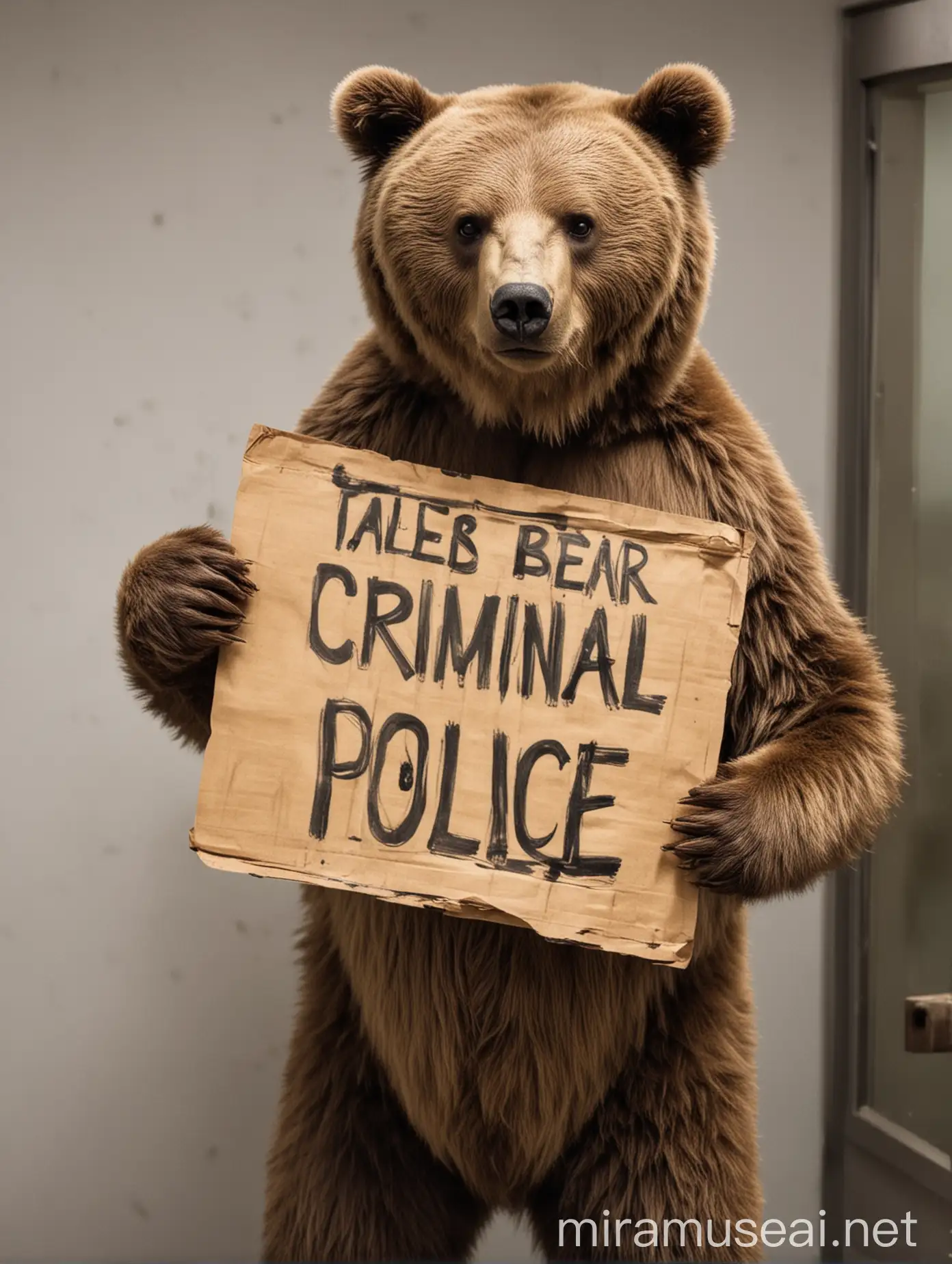 The bear is a criminal with a sign in his hands at the police station